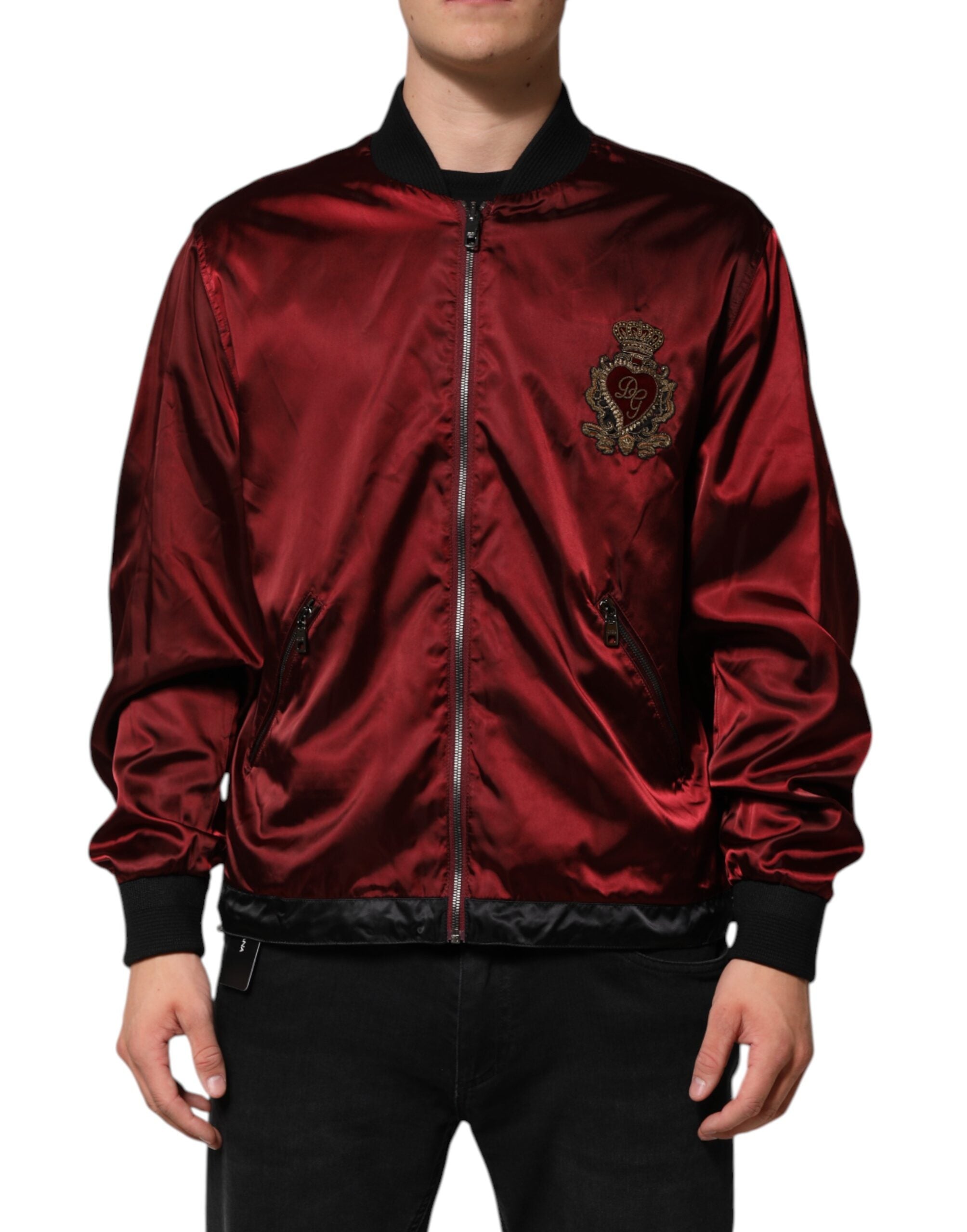 Dolce & Gabbana Maroon Nylon DG Crown Embroidery Men's Jacket (Pre-Owned)