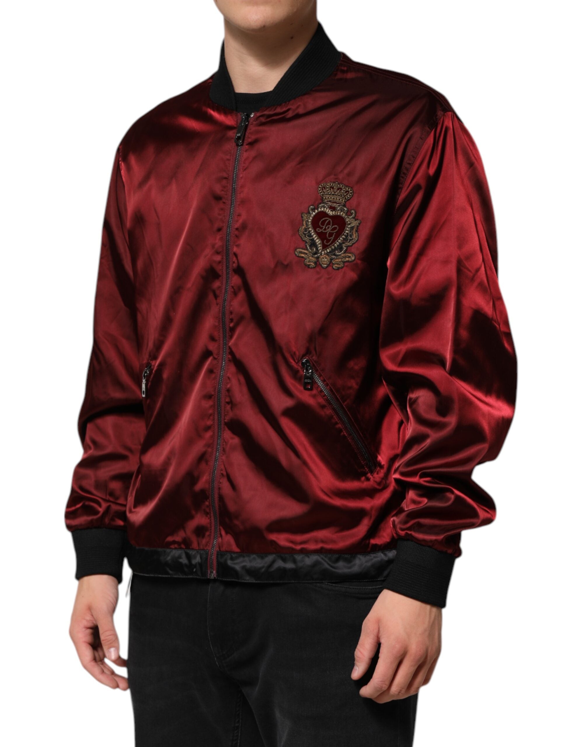 Dolce & Gabbana Maroon Nylon DG Crown Embroidery Men's Jacket (Pre-Owned)