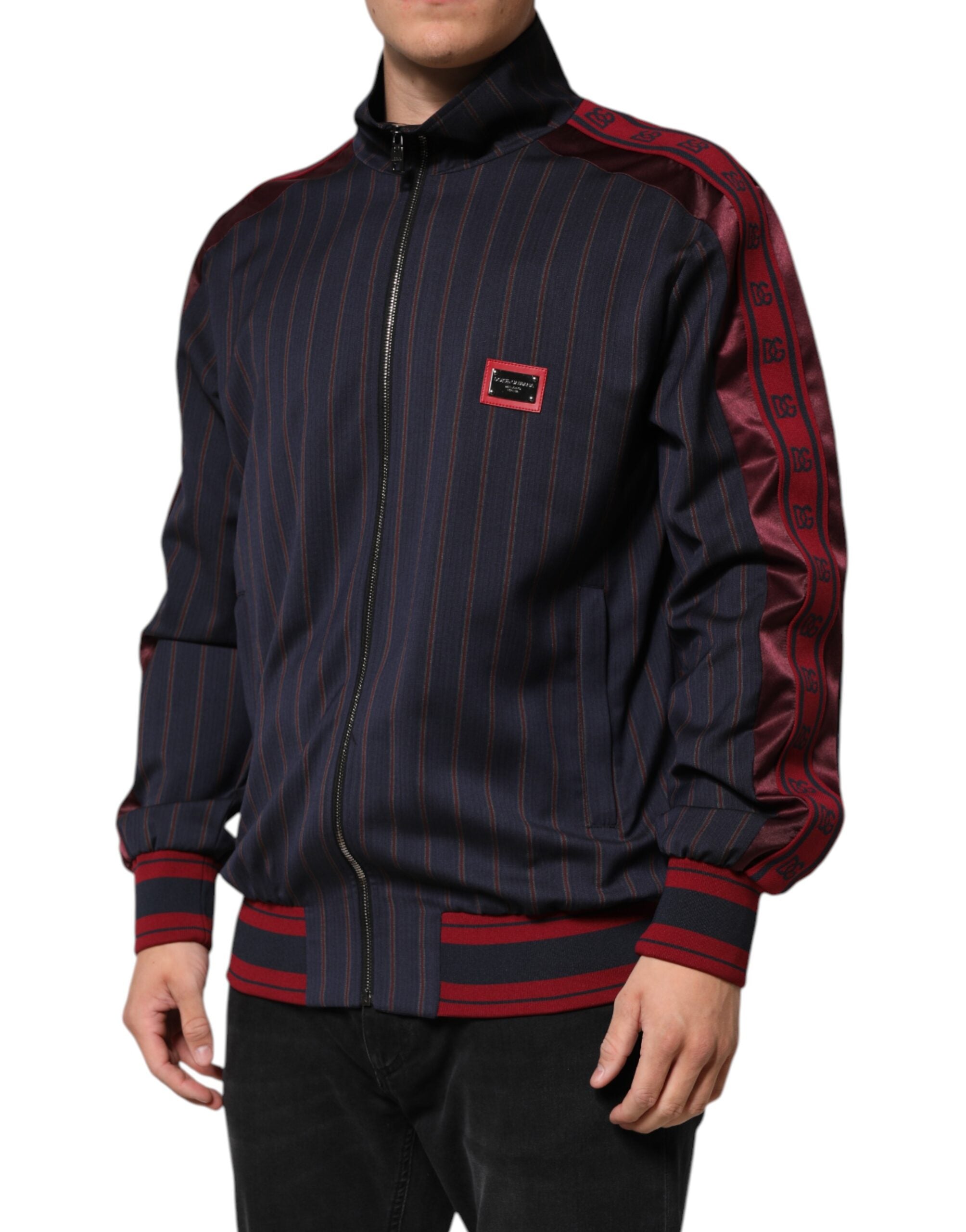 Dolce & Gabbana Blue Red Striped Logo Plaque Full Zip Men's Jacket