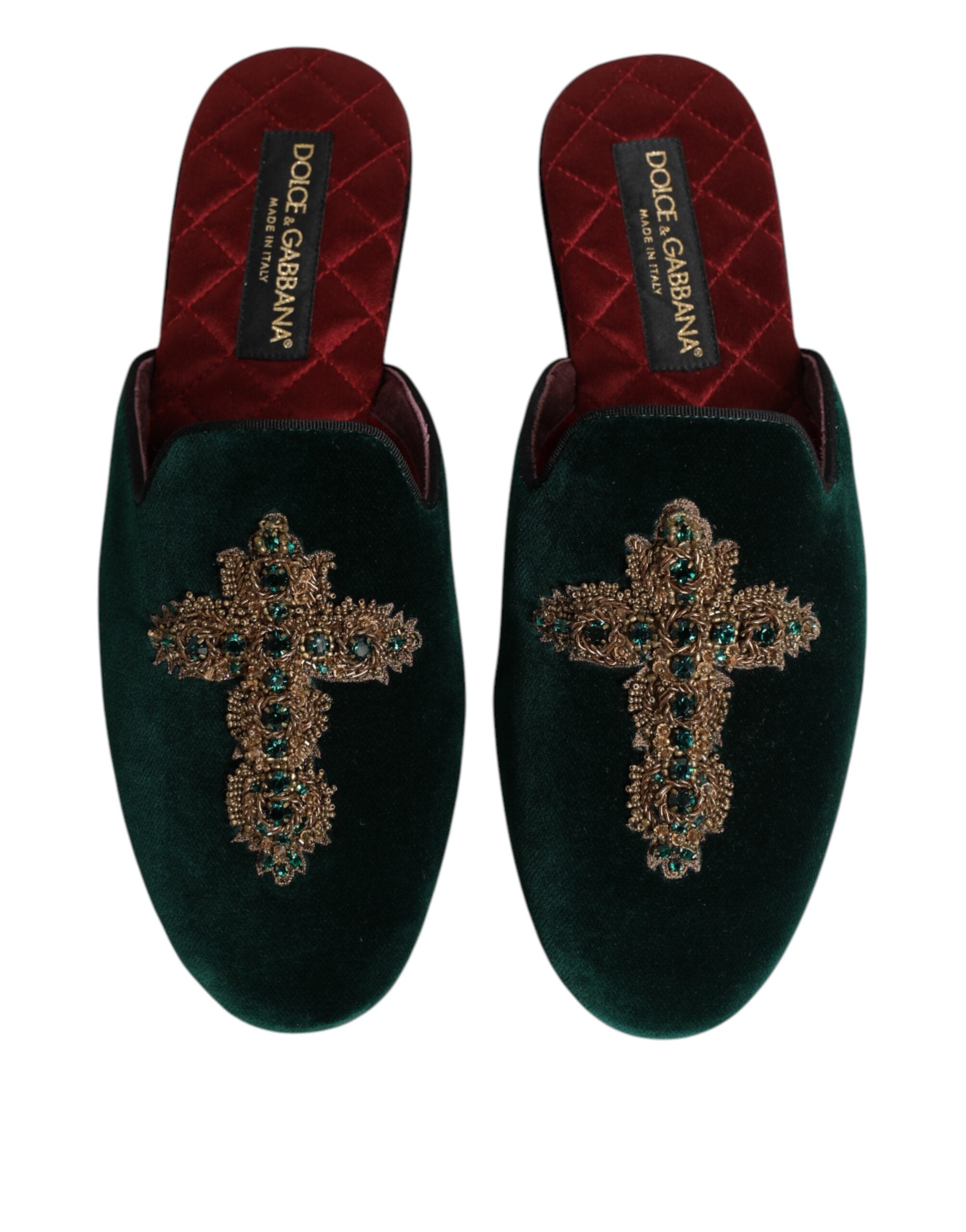 Dolce & Gabbana Green Velvet Cross Embellished Slippers Men's Shoes