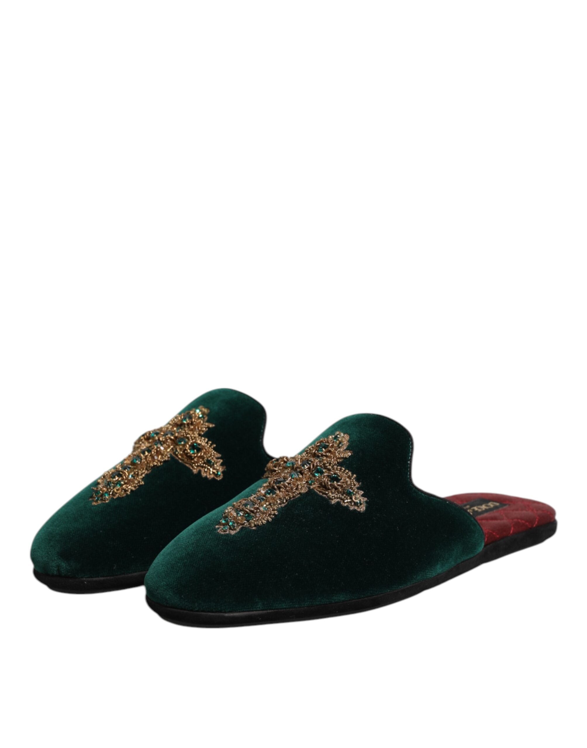 Dolce & Gabbana Green Velvet Cross Embellished Slippers Men's Shoes