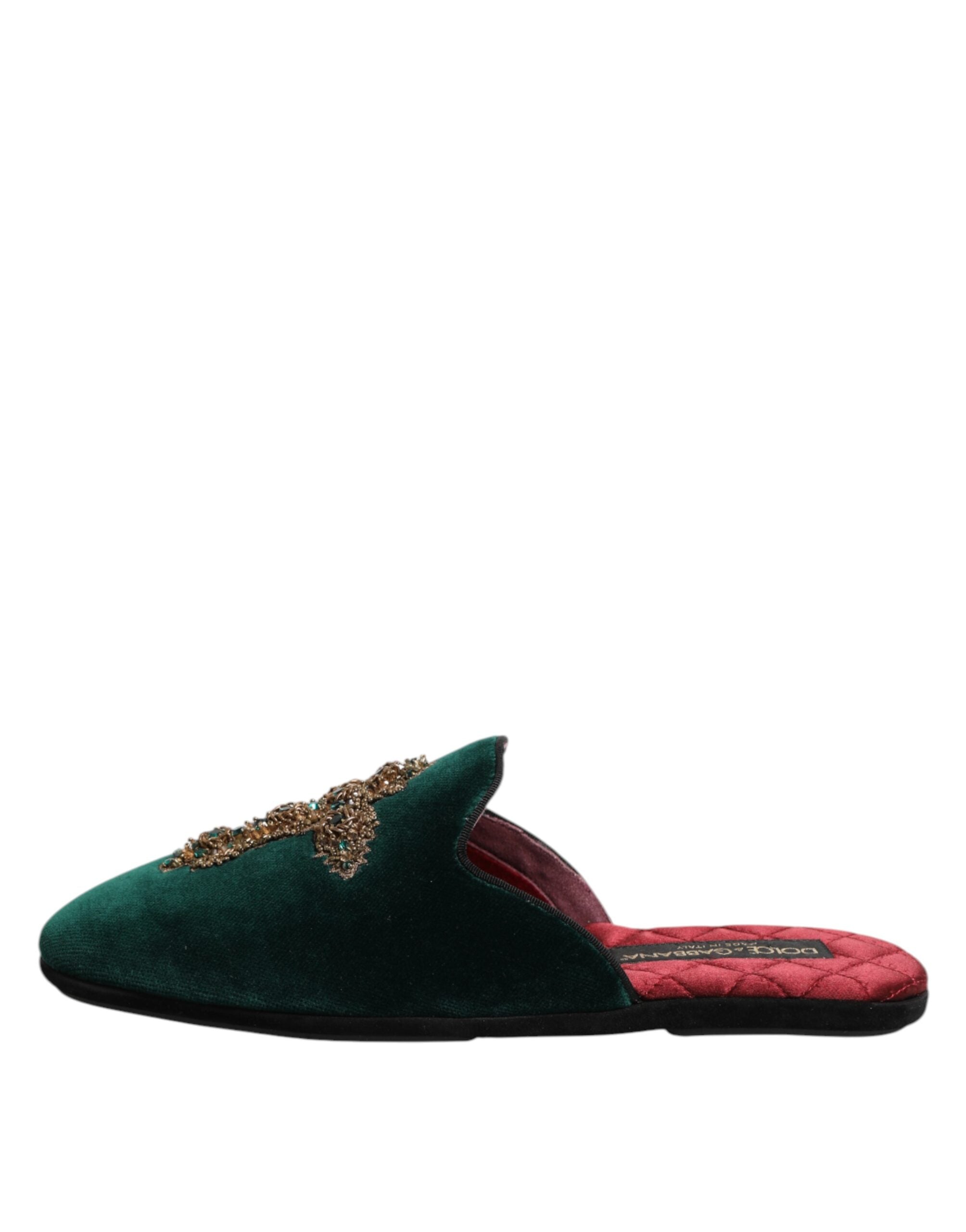Dolce & Gabbana Green Velvet Cross Embellished Slippers Men's Shoes