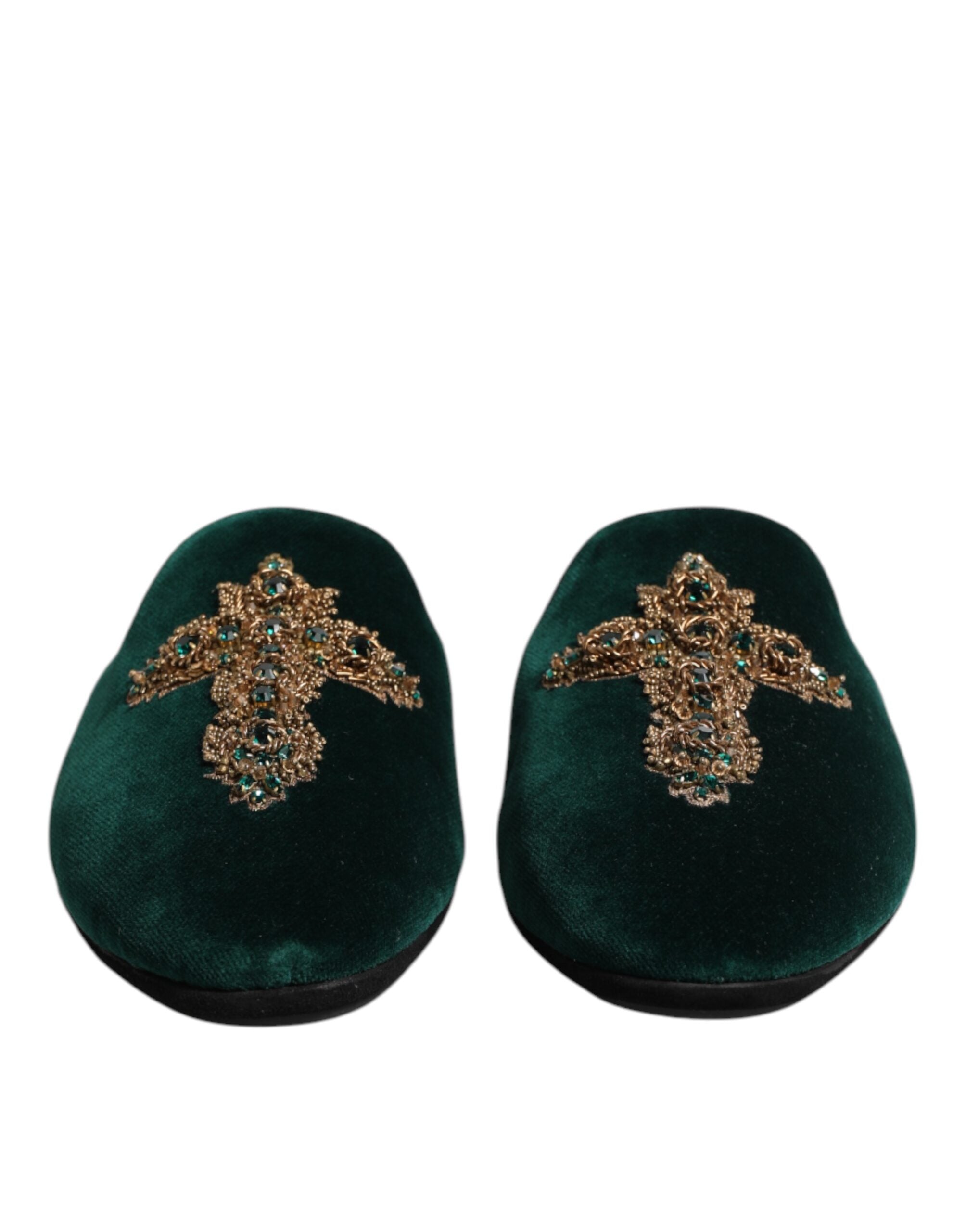 Dolce & Gabbana Green Velvet Cross Embellished Slippers Men's Shoes