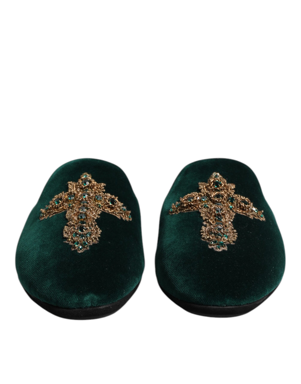 Dolce & Gabbana Green Velvet Cross Embellished Slippers Men's Shoes