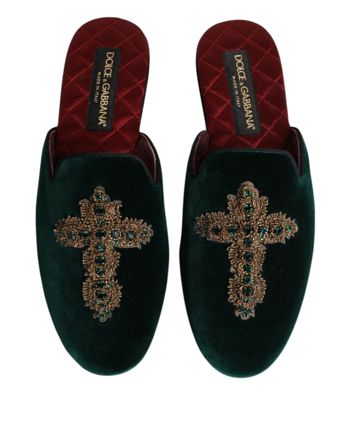 Dolce & Gabbana Green Velvet Cross Embellished Slippers Men's Shoes