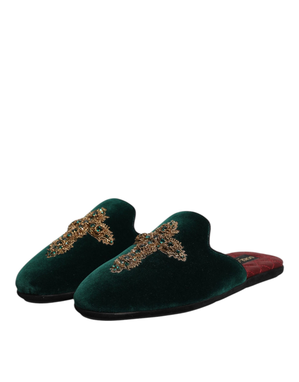 Dolce & Gabbana Green Velvet Cross Embellished Slippers Men's Shoes