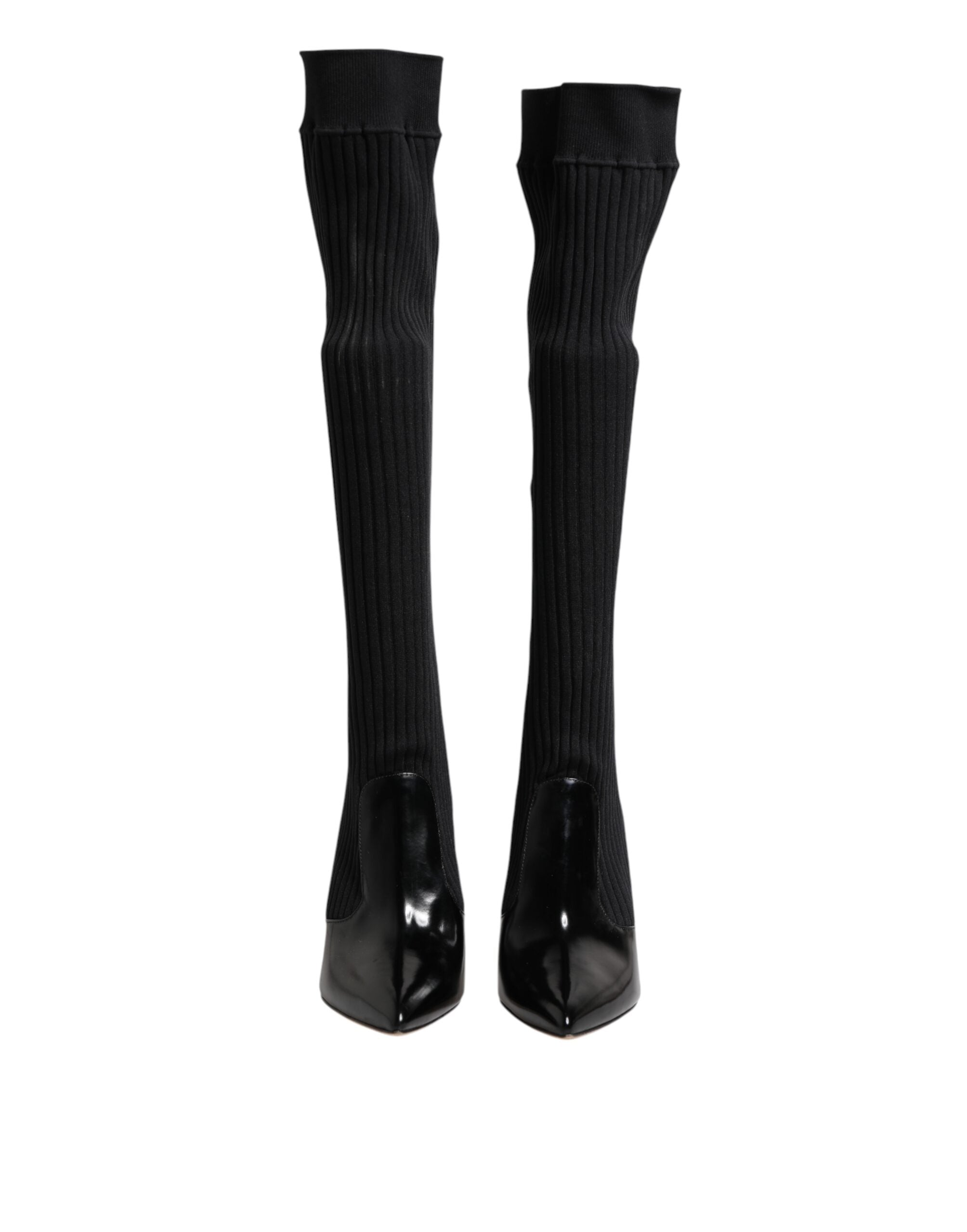 Dolce & Gabbana Black Leather Ribbed Knit Knee Boots Women's Shoes (Pre-Owned)