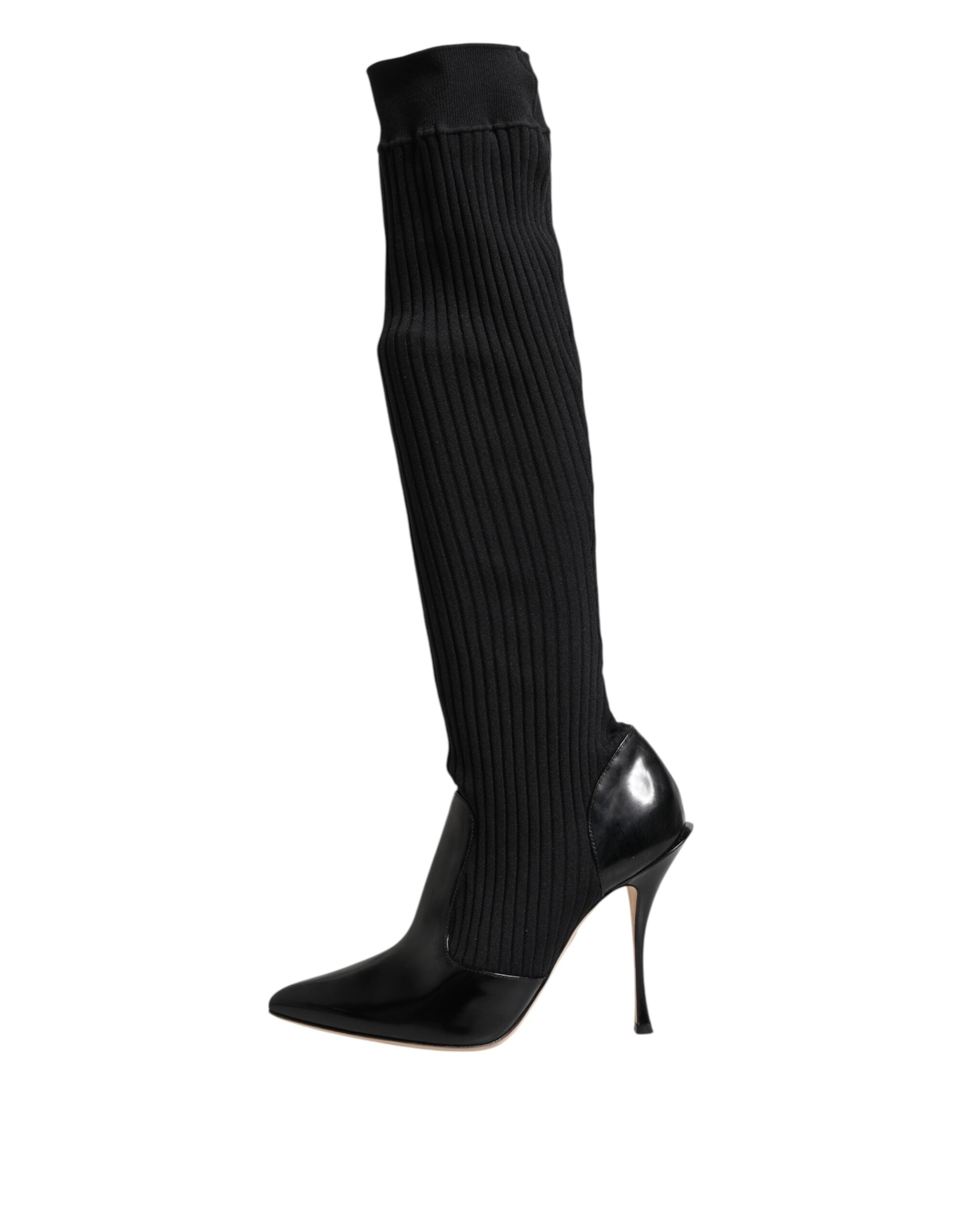 Dolce & Gabbana Black Leather Ribbed Knit Knee Boots Women's Shoes (Pre-Owned)