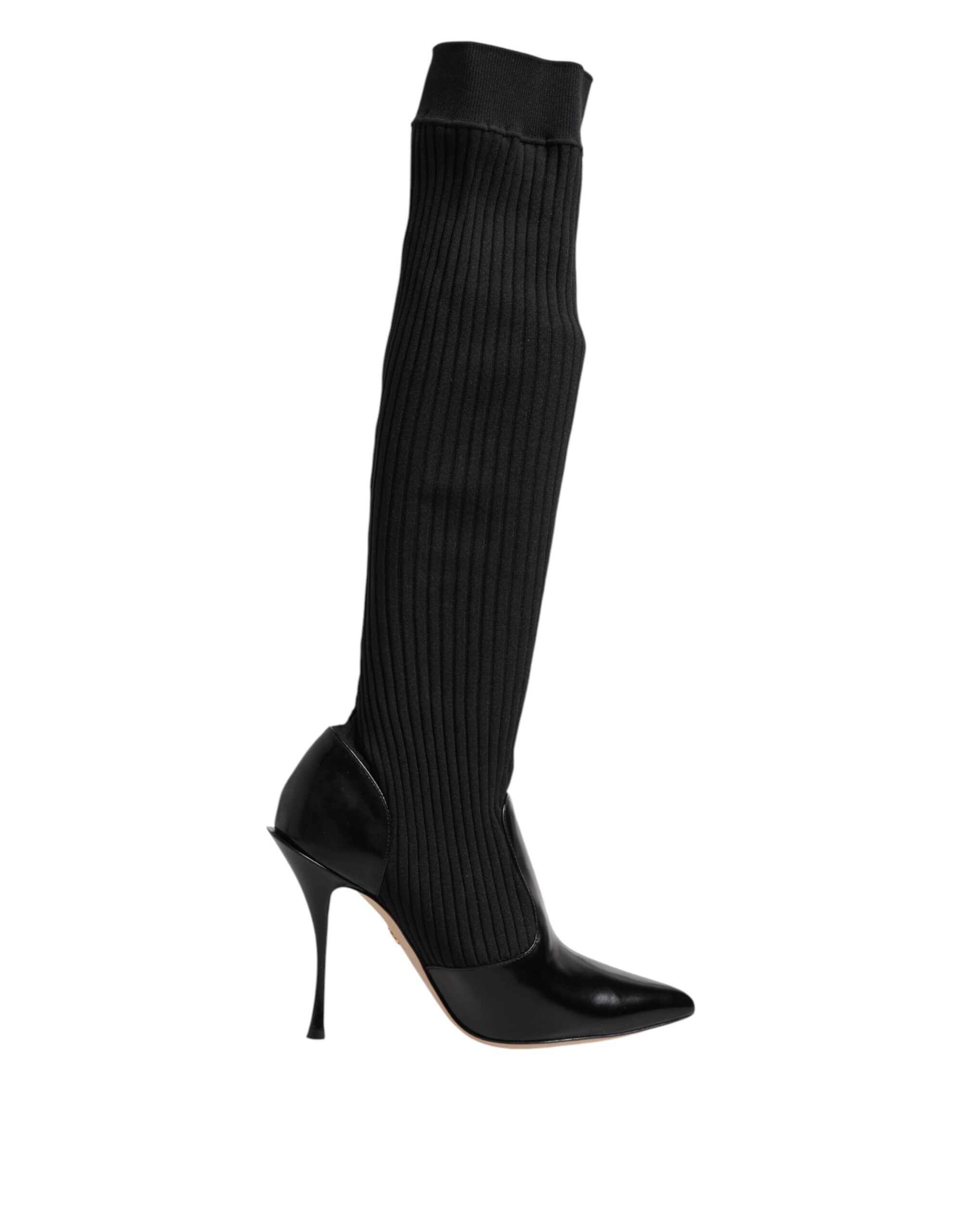 Dolce & Gabbana Black Leather Ribbed Knit Knee Boots Women's Shoes (Pre-Owned)