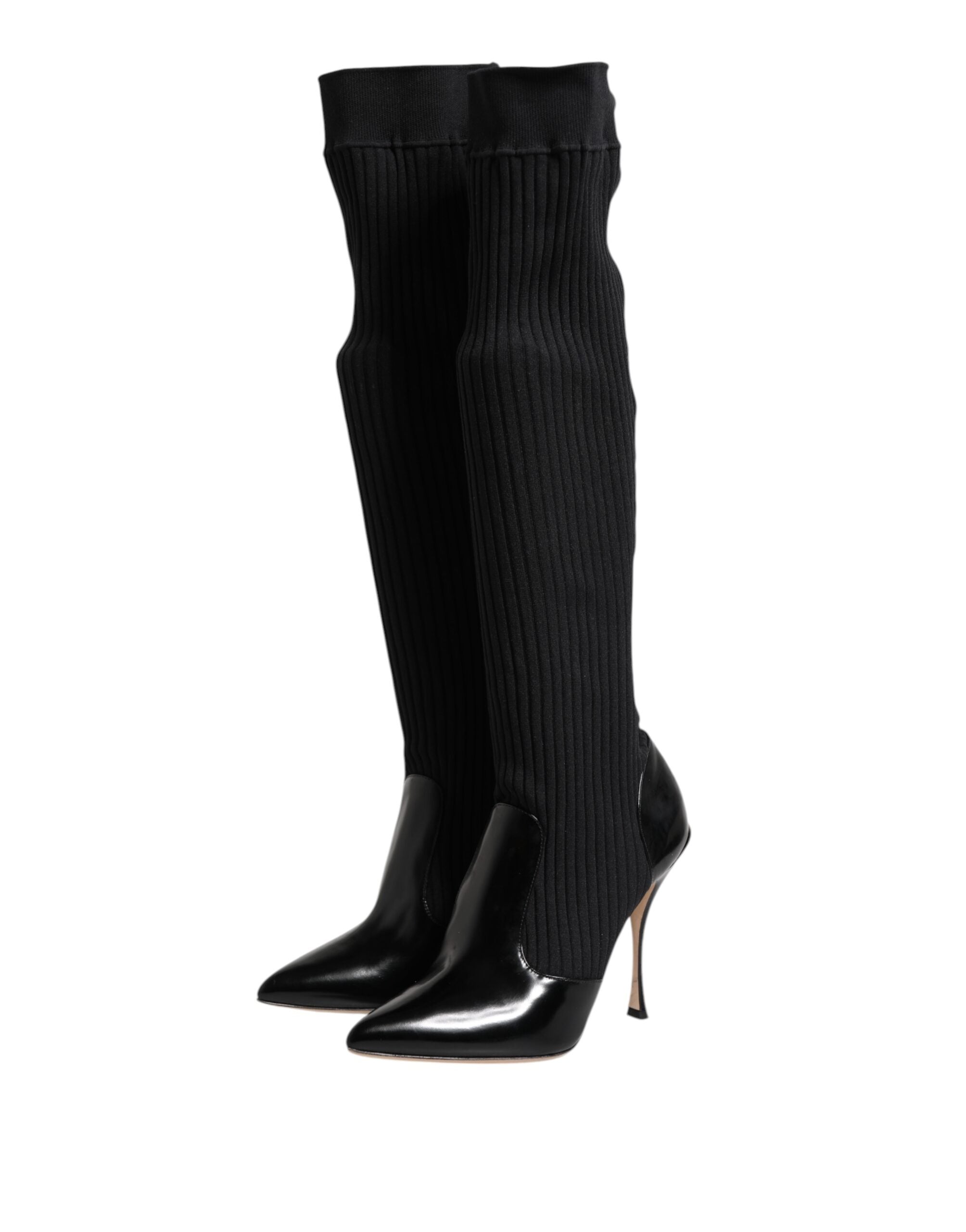 Dolce & Gabbana Black Leather Ribbed Knit Knee Boots Women's Shoes