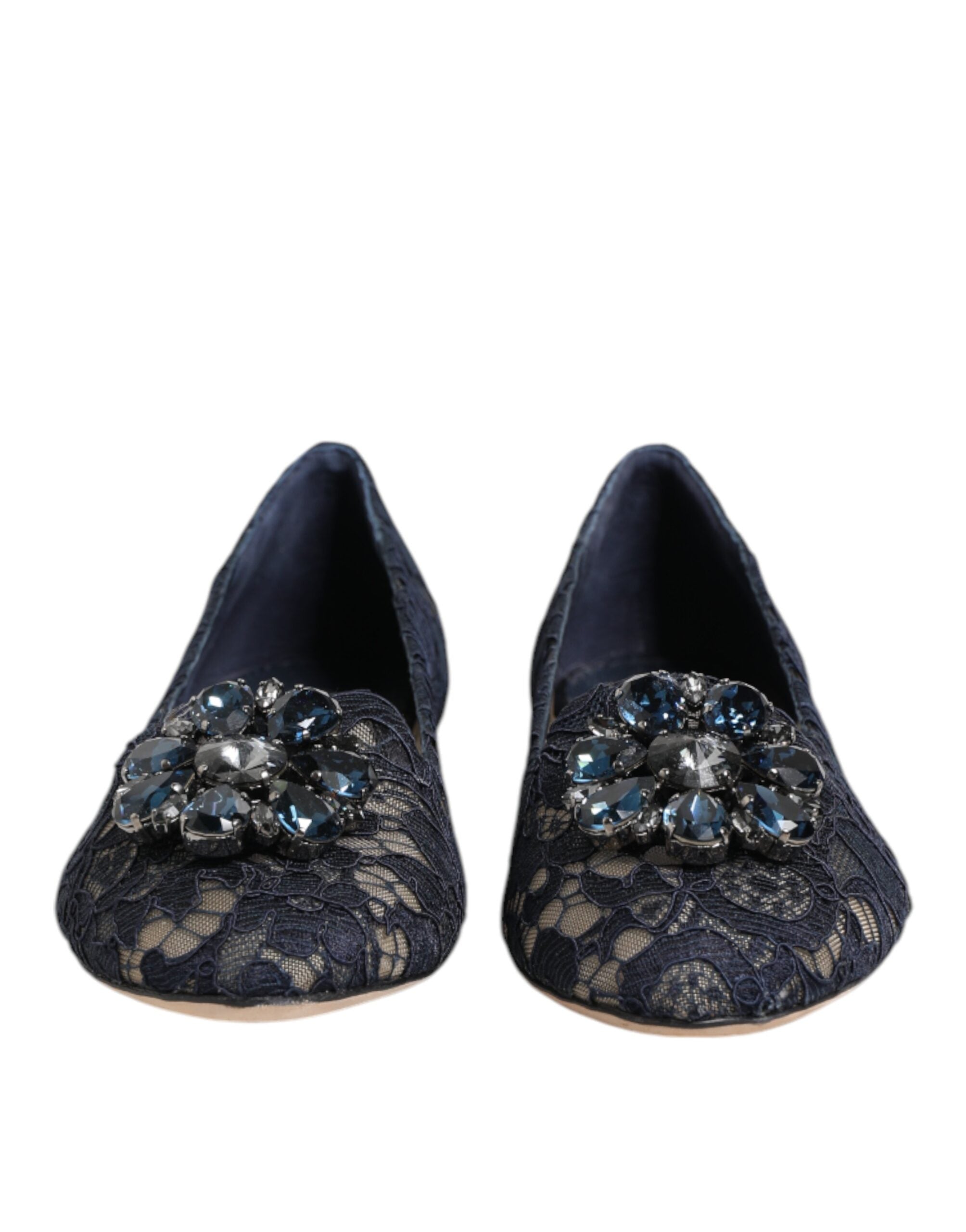 Dolce & Gabbana Blue Taormina Lace Crystals Flats Women's Shoes