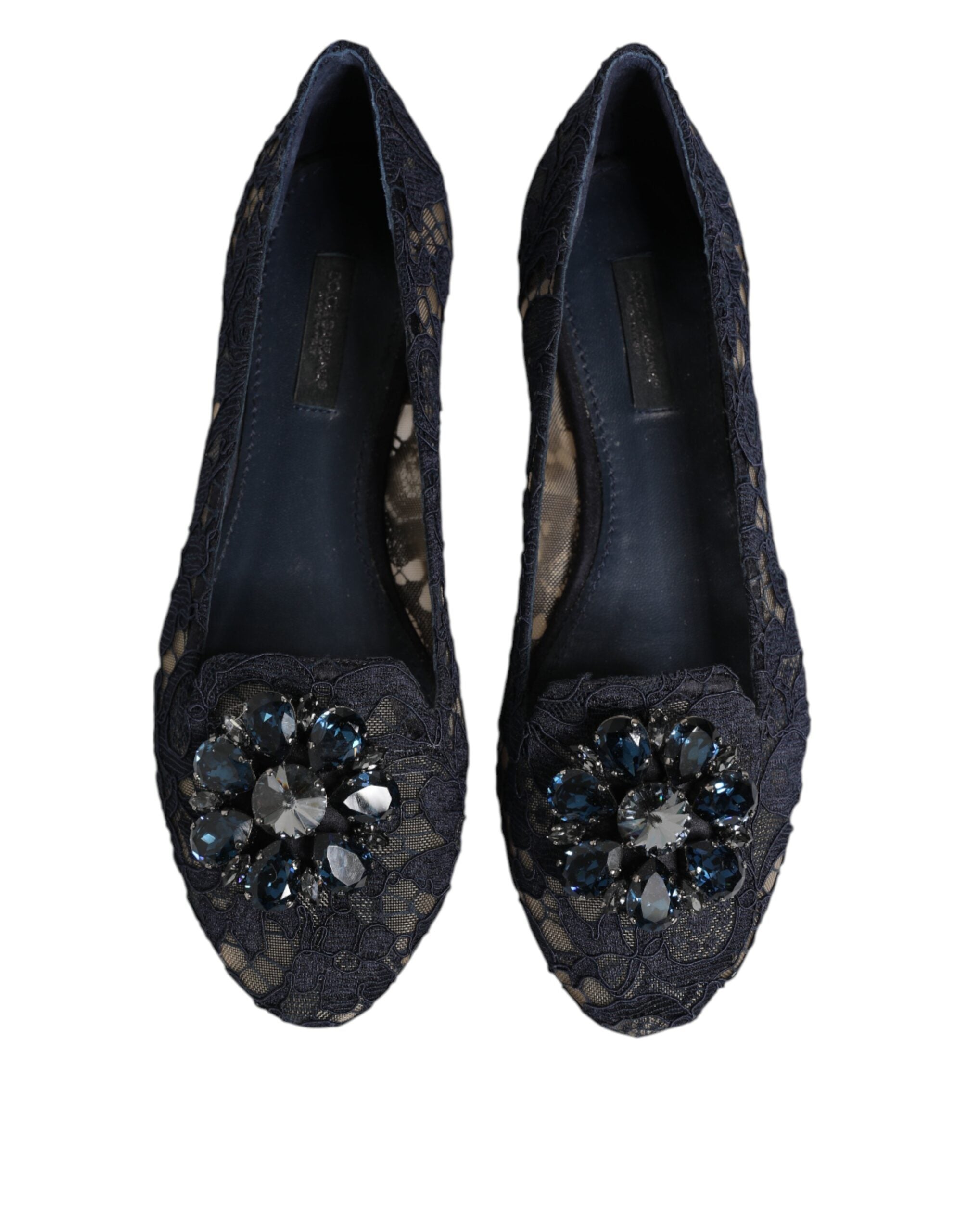 Dolce & Gabbana Blue Taormina Lace Crystals Flats Women's Shoes