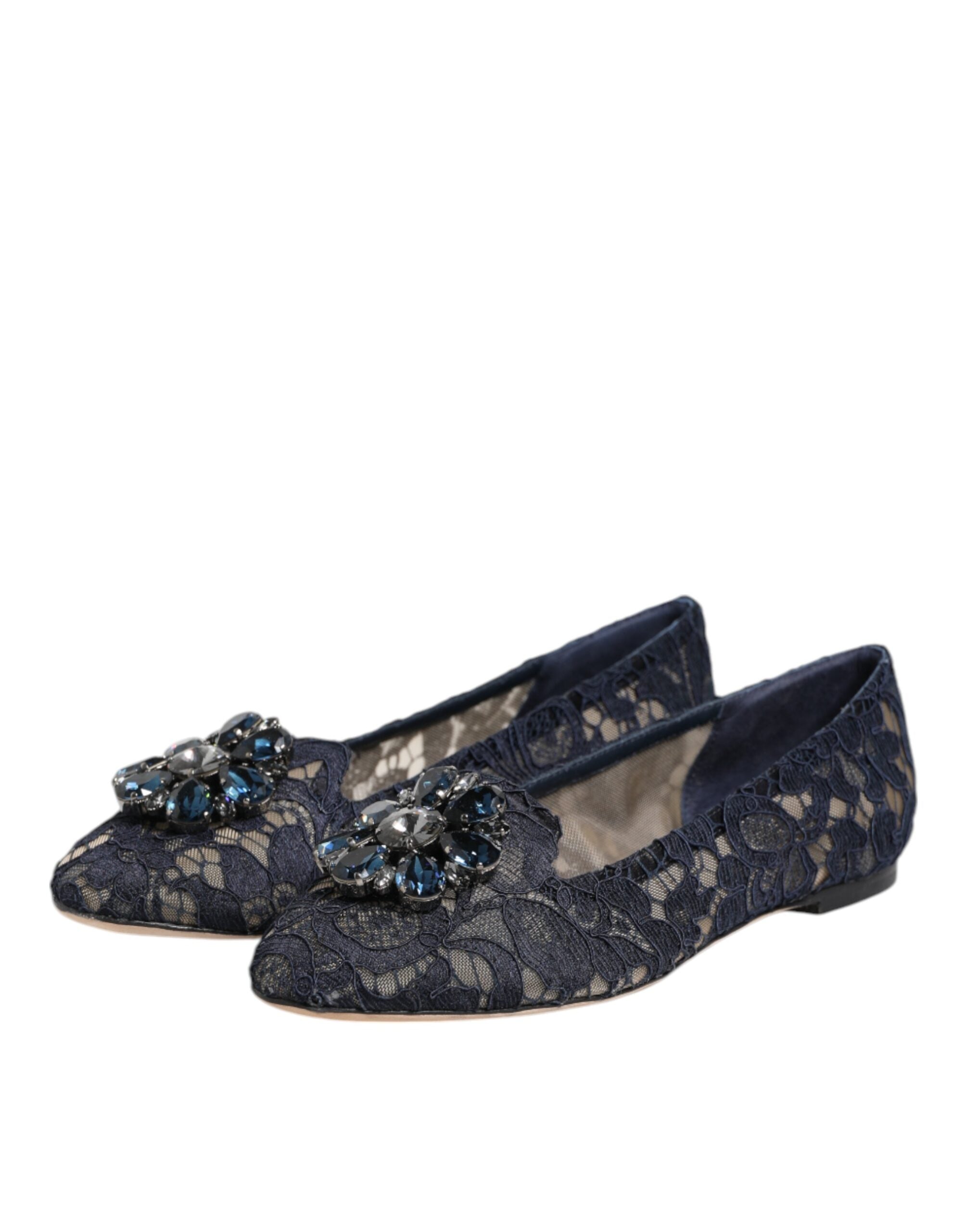 Dolce & Gabbana Blue Taormina Lace Crystals Flats Women's Shoes