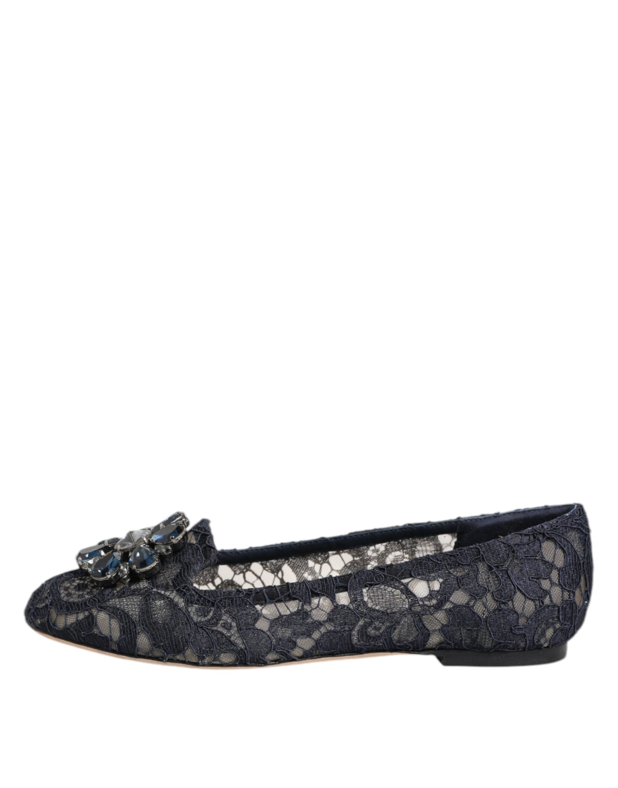 Dolce & Gabbana Blue Taormina Lace Crystals Flats Women's Shoes