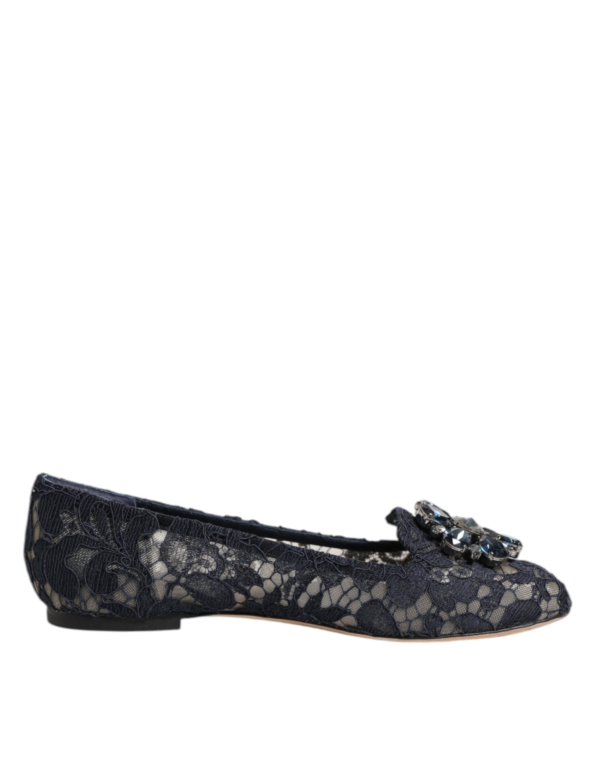 Dolce & Gabbana Blue Taormina Lace Crystals Flats Women's Shoes