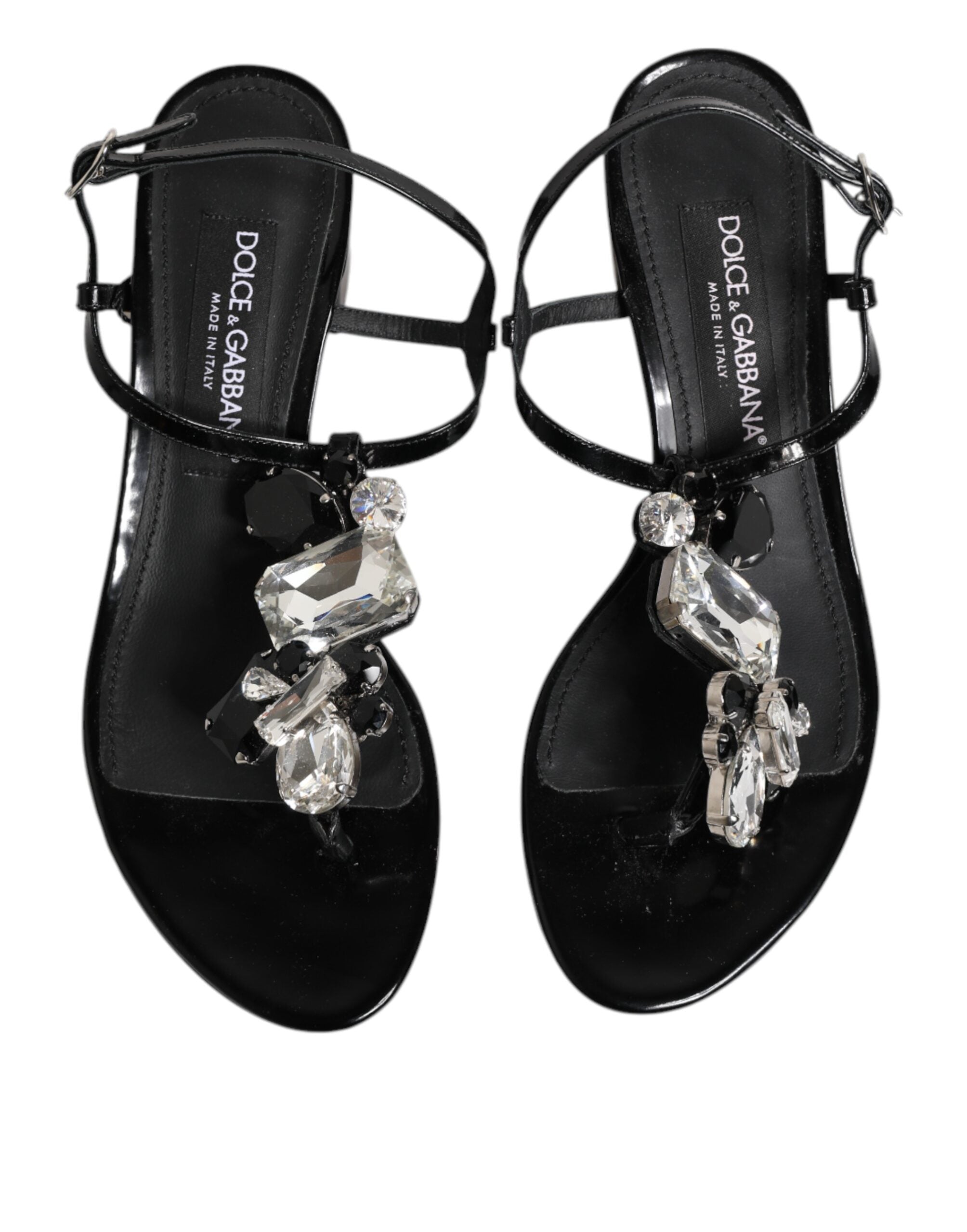 Dolce & Gabbana Black Leather Crystal Ankle Strap Sandals Women's Shoes