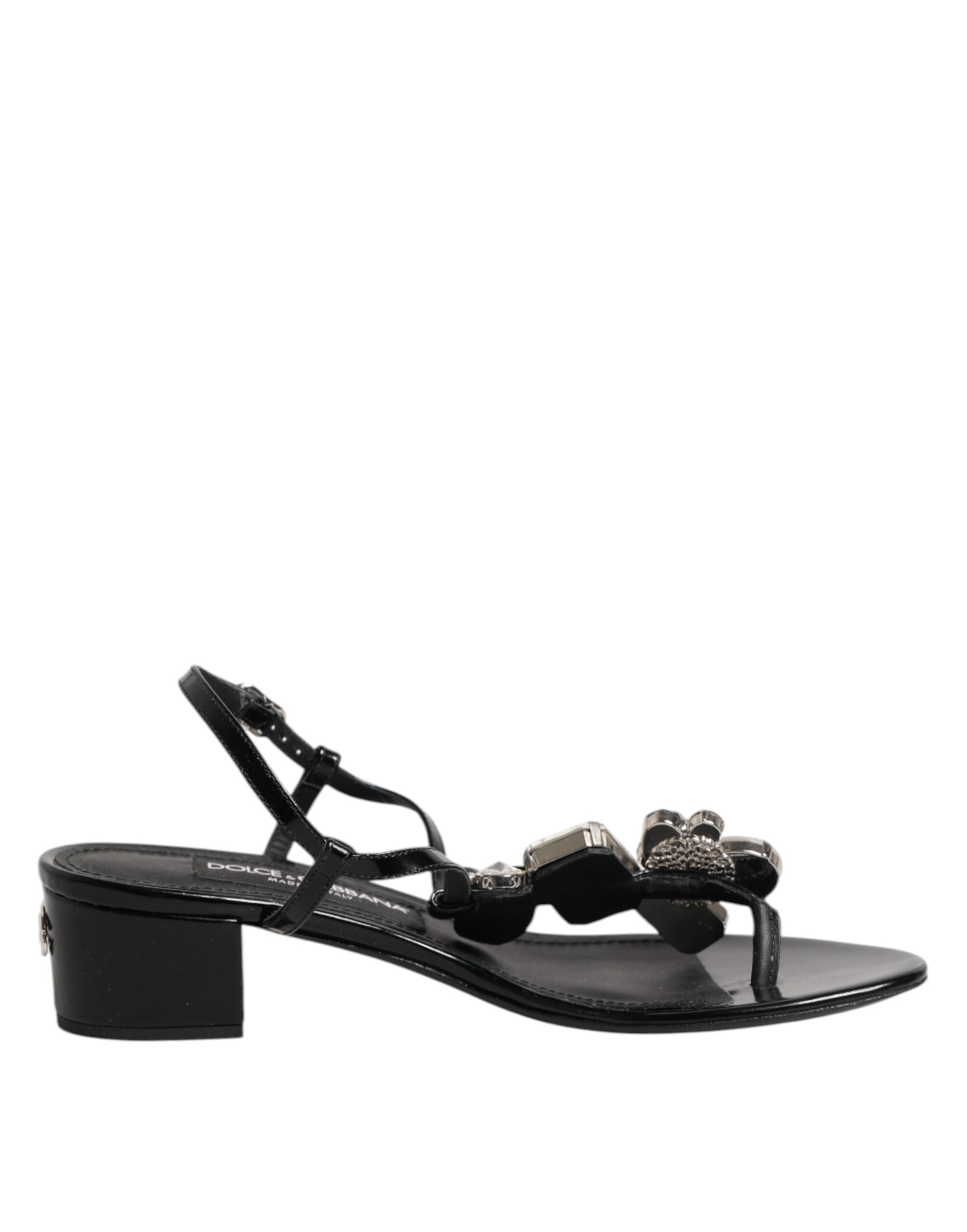 Dolce & Gabbana Black Leather Crystal Ankle Strap Sandals Women's Shoes