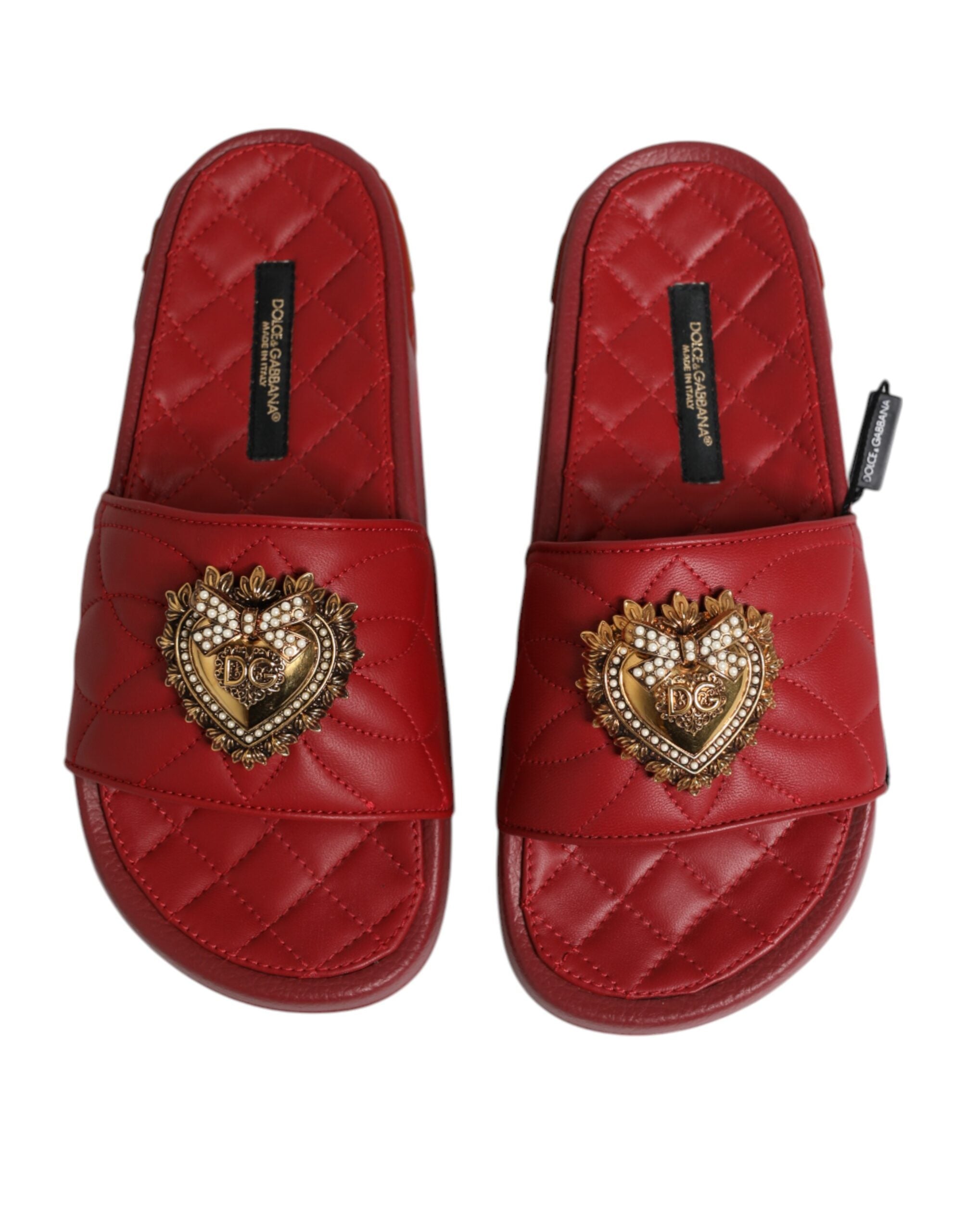 Dolce & Gabbana Red Devotion Matelassé Leather Slides Women's Shoes
