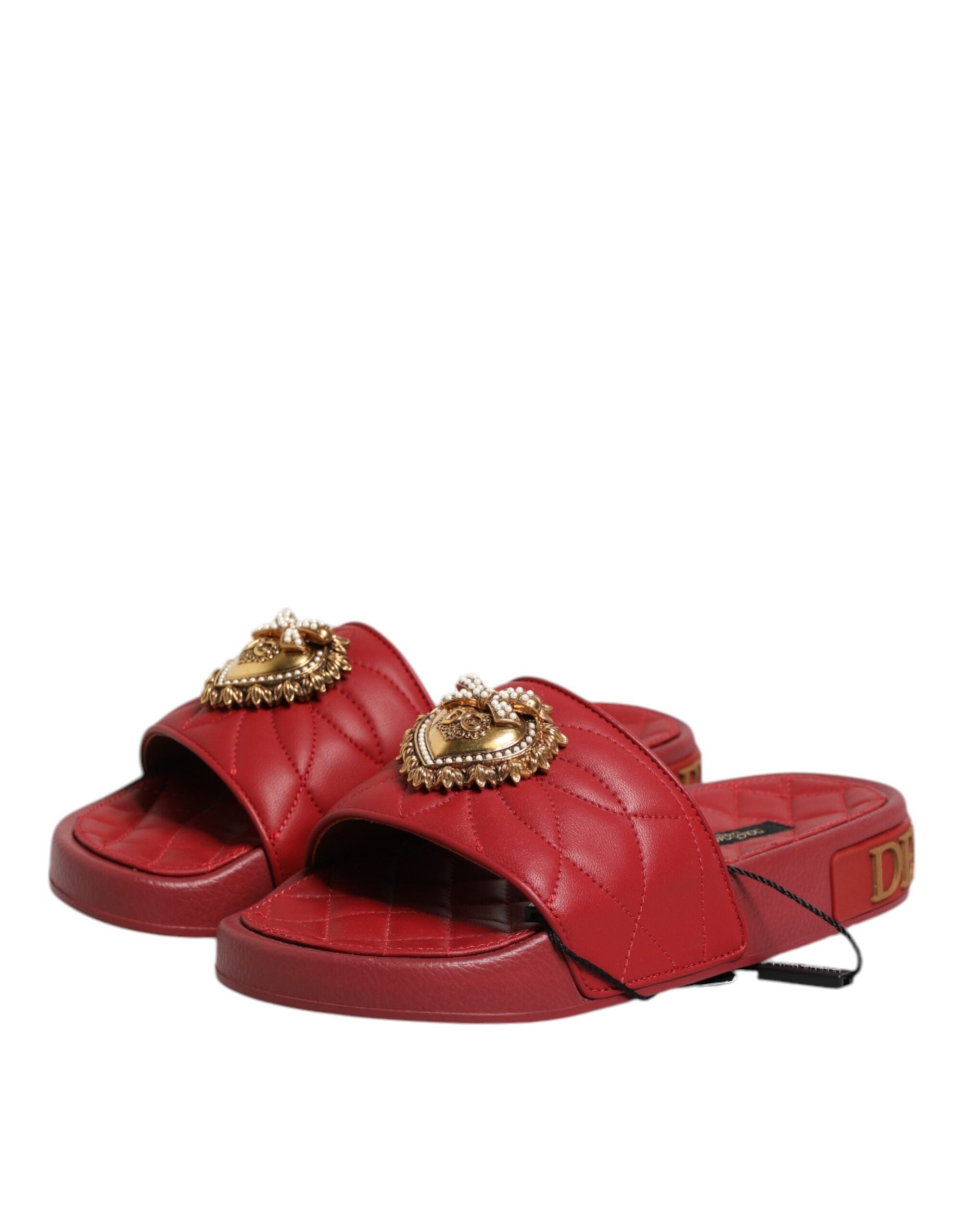 Dolce & Gabbana Red Devotion Matelassé Leather Slides Women's Shoes