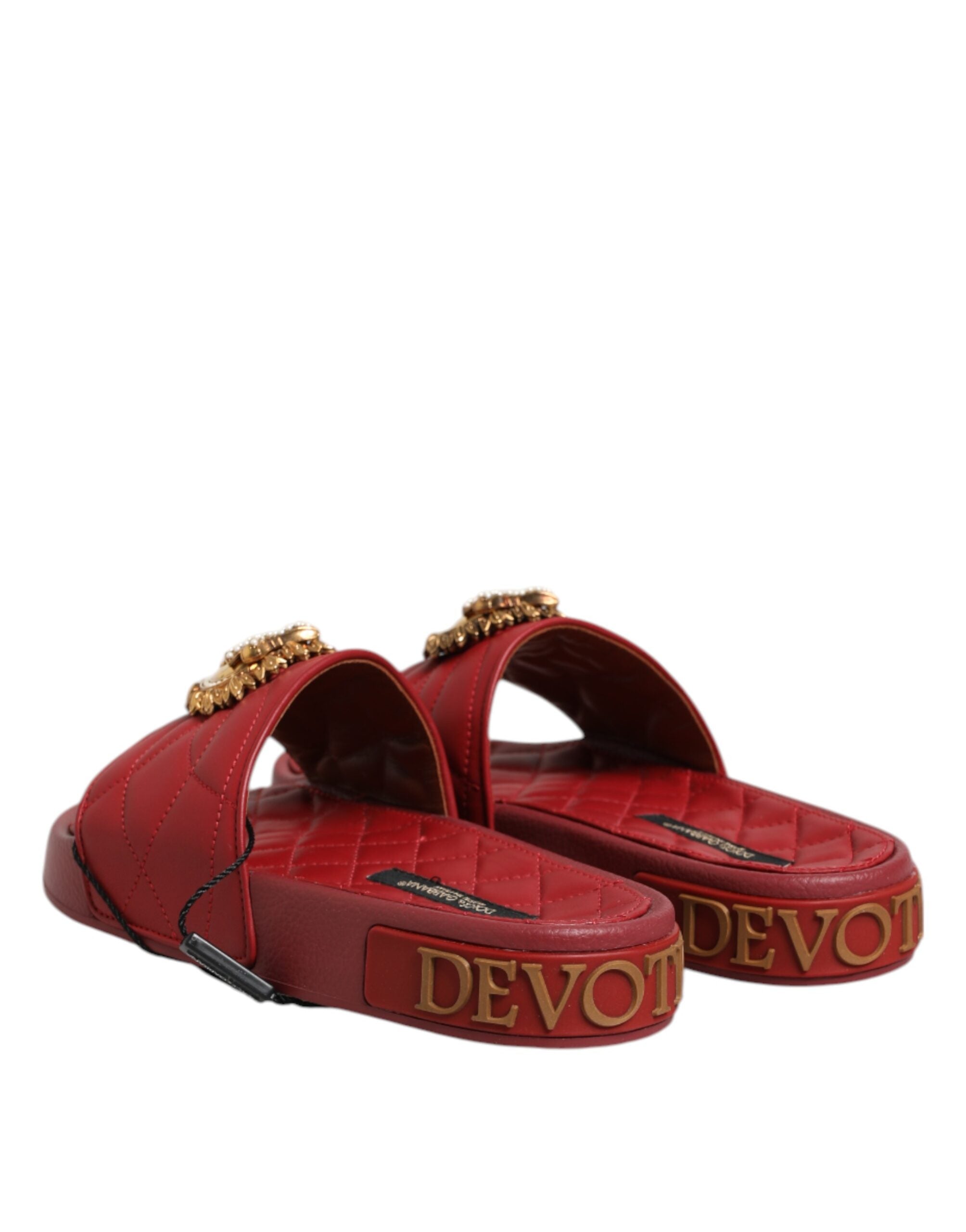 Dolce & Gabbana Red Devotion Matelassé Leather Slides Women's Shoes