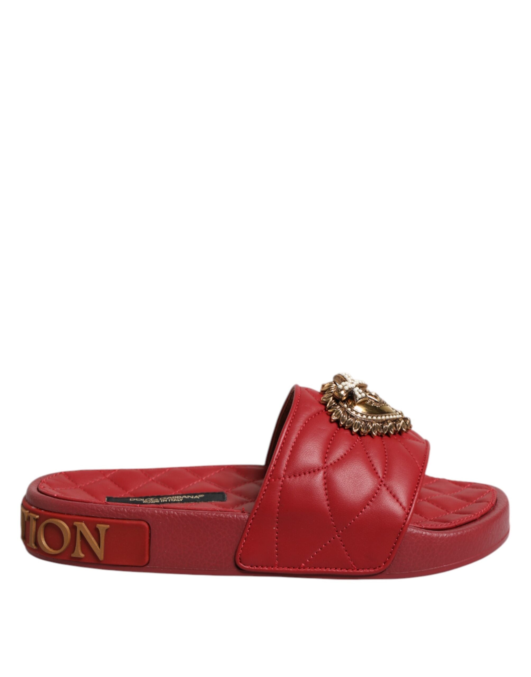 Dolce & Gabbana Red Devotion Matelassé Leather Slides Women's Shoes