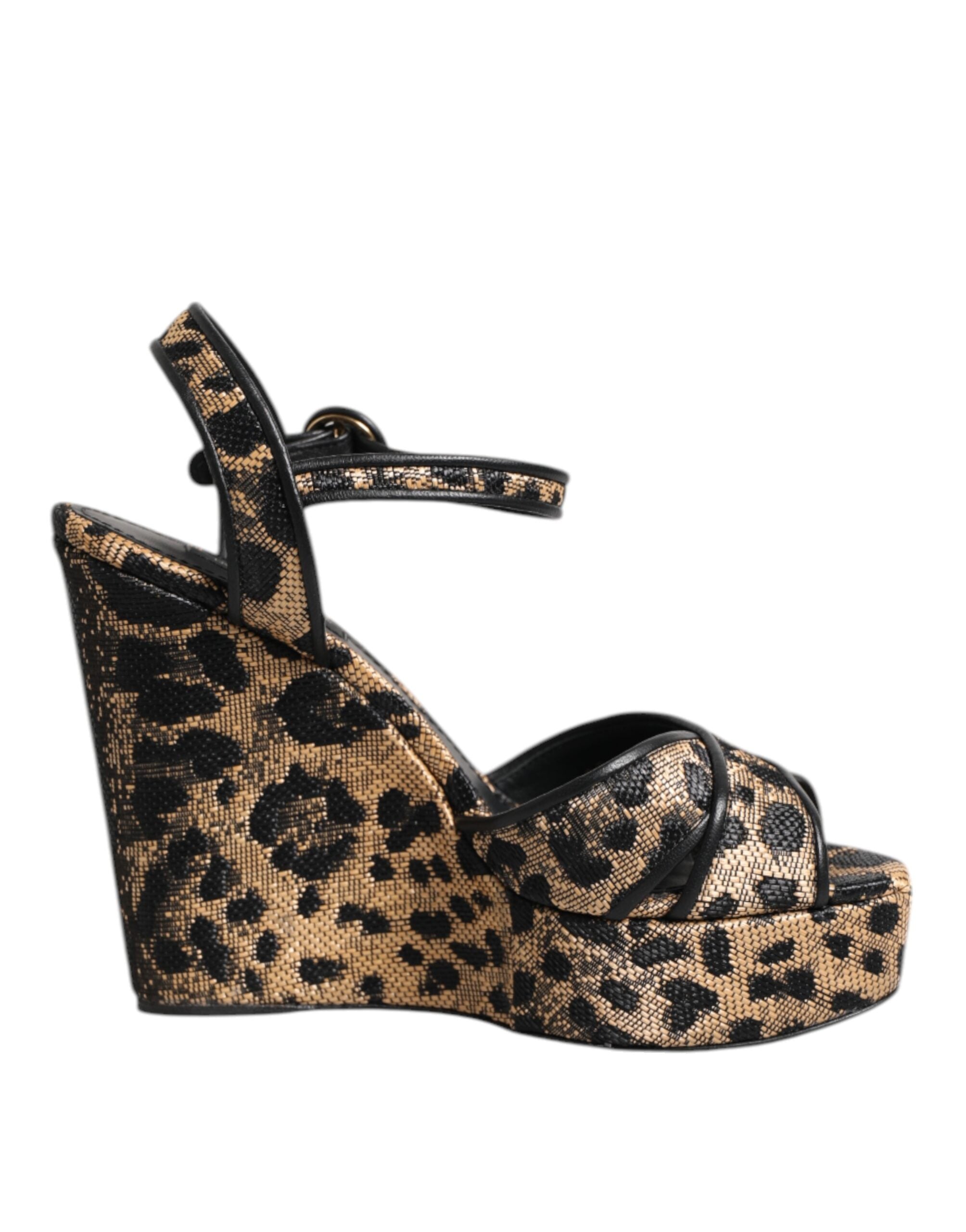 Dolce & Gabbana Brown Leopard Wedges Ankle Strap Sandals Women's Shoes