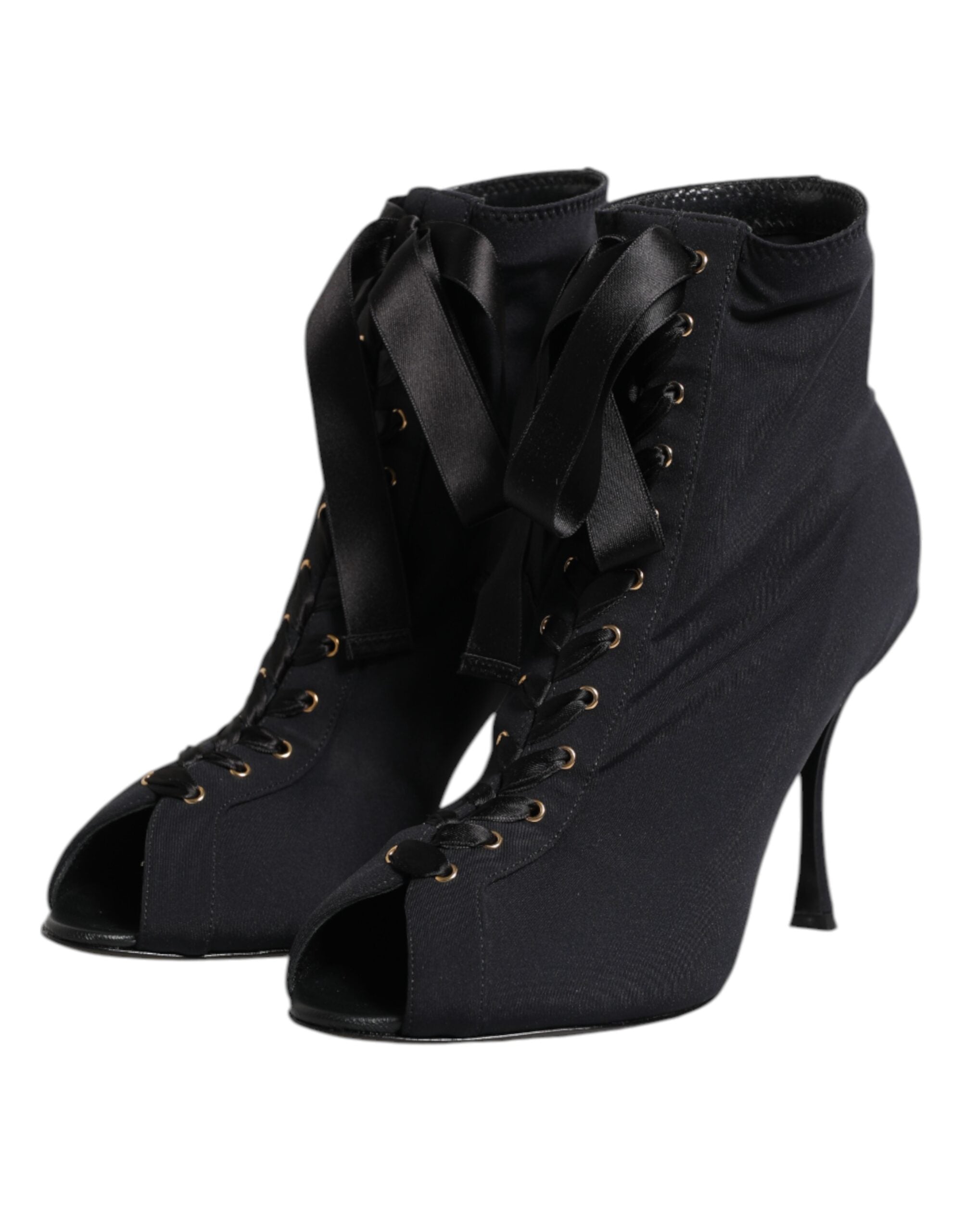 Dolce & Gabbana Black Stiletto Heels Lace Up Boots Women's Shoes
