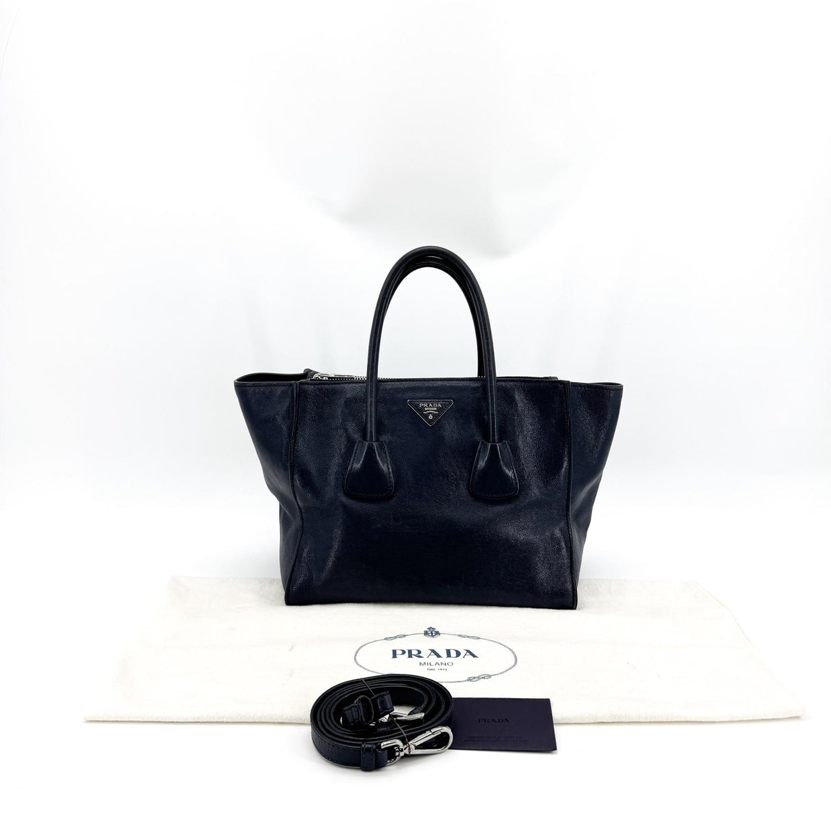 Prada Twin Pocket Convertible Leather Navy Leather Tote Bag Bag (Pre-Owned)