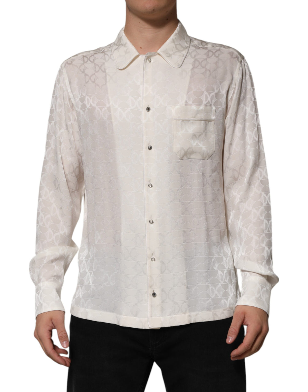 Dolce & Gabbana White Silk DG Logo Print Long Sleeves Men's Shirt
