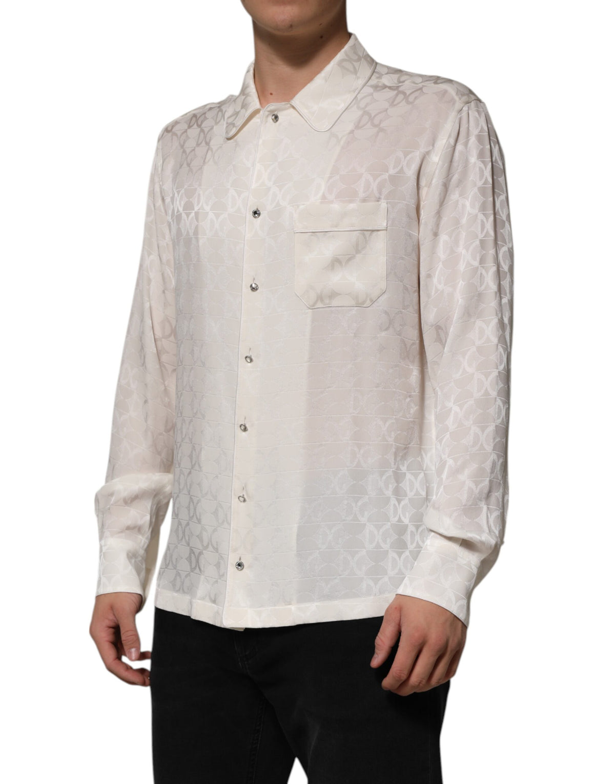 Dolce & Gabbana White Silk DG Logo Print Long Sleeves Men's Shirt