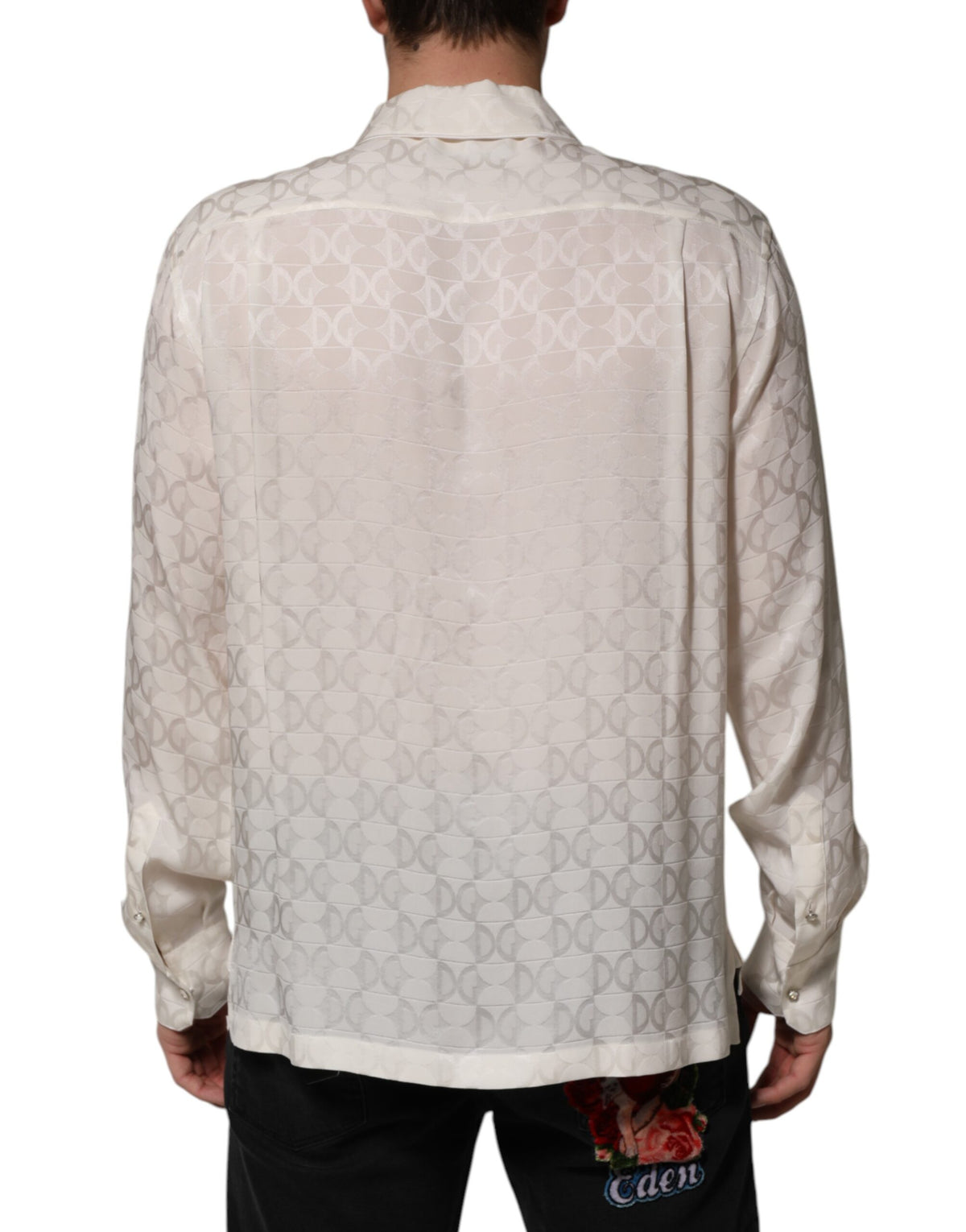 Dolce & Gabbana White Silk DG Logo Print Long Sleeves Men's Shirt