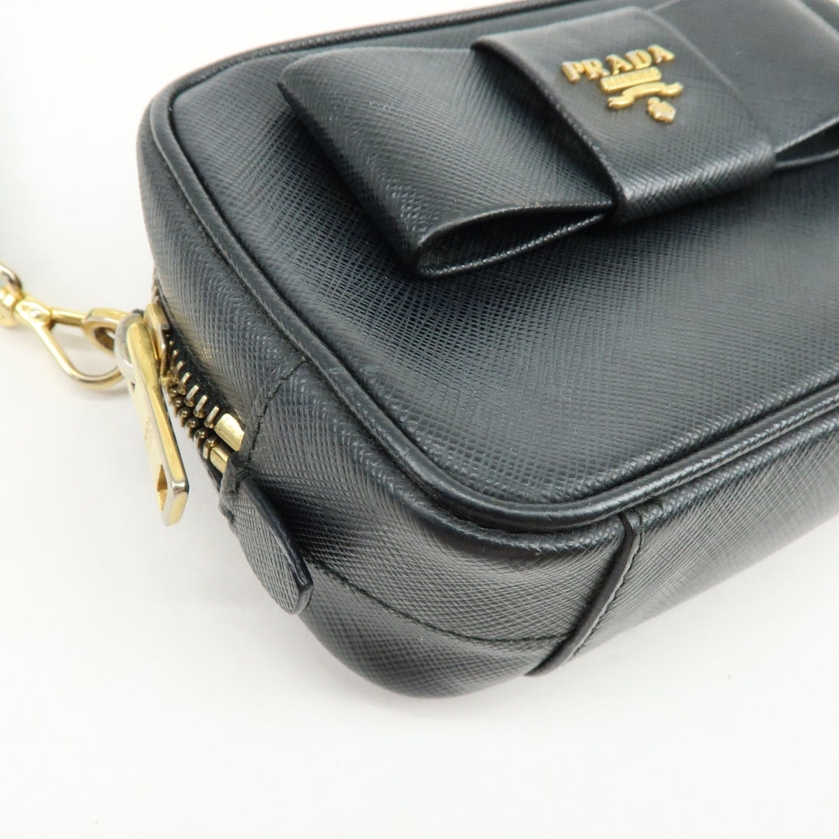 Prada Bow Camera Saffiano Leather Black Leather Crossbody Bag Bag (Pre-Owned)