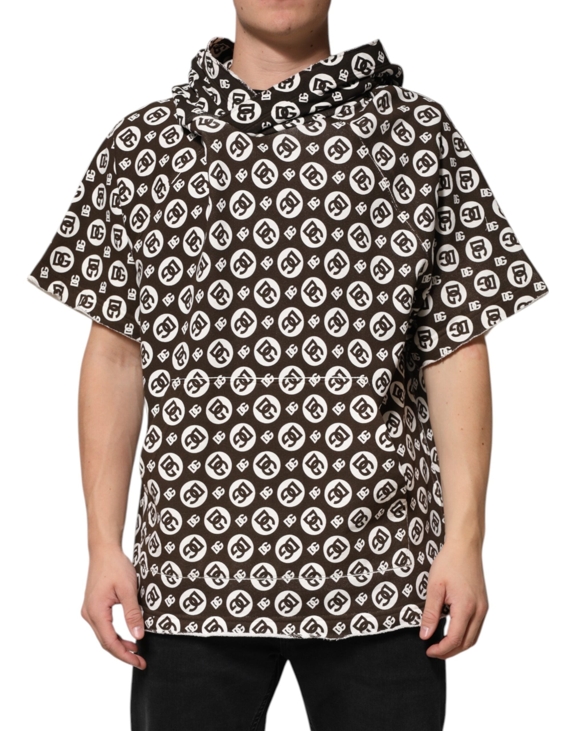 Dolce & Gabbana Brown White DG Logo Short Hoodie Men's Sweater