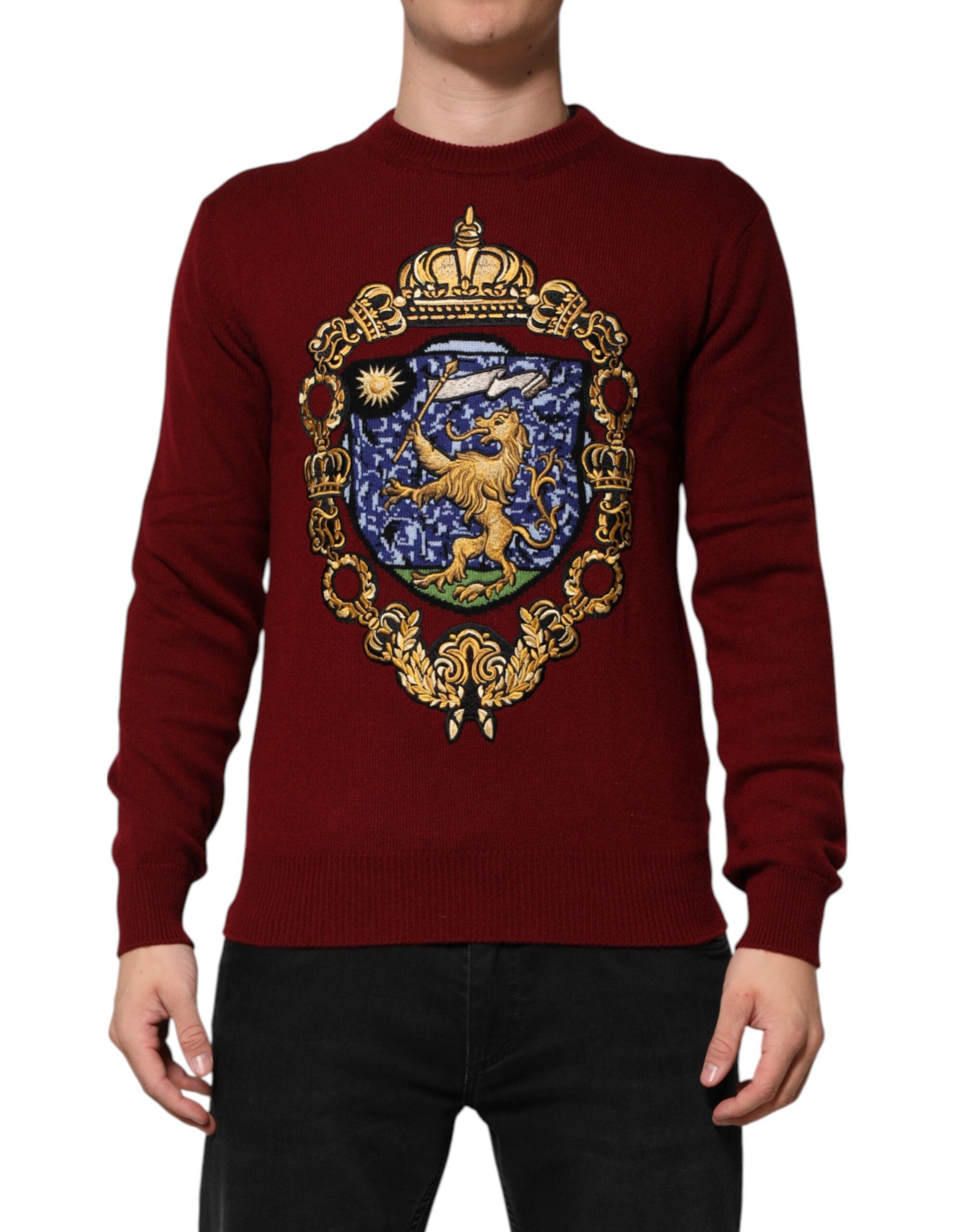 Dolce & Gabbana Burgundy Cashmere Lion Crest Pullover Men's Sweater