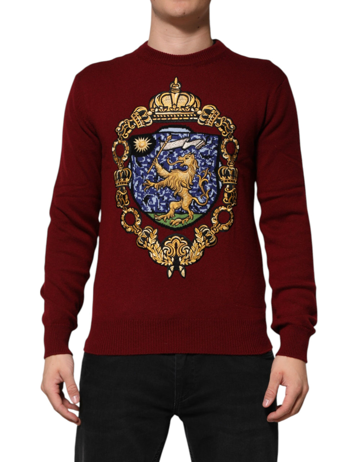 Dolce & Gabbana Burgundy Cashmere Lion Crest Pullover Men's Sweater