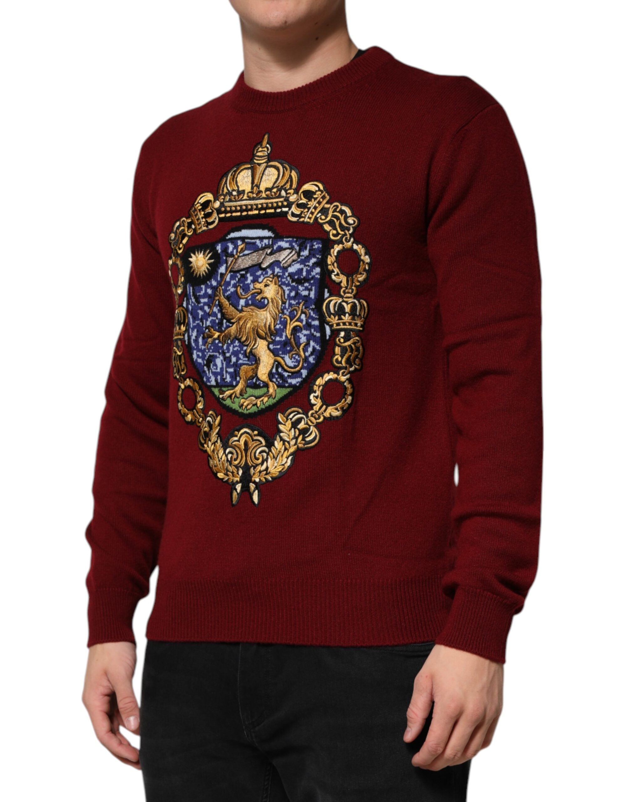 Dolce & Gabbana Burgundy Cashmere Lion Crest Pullover Men's Sweater