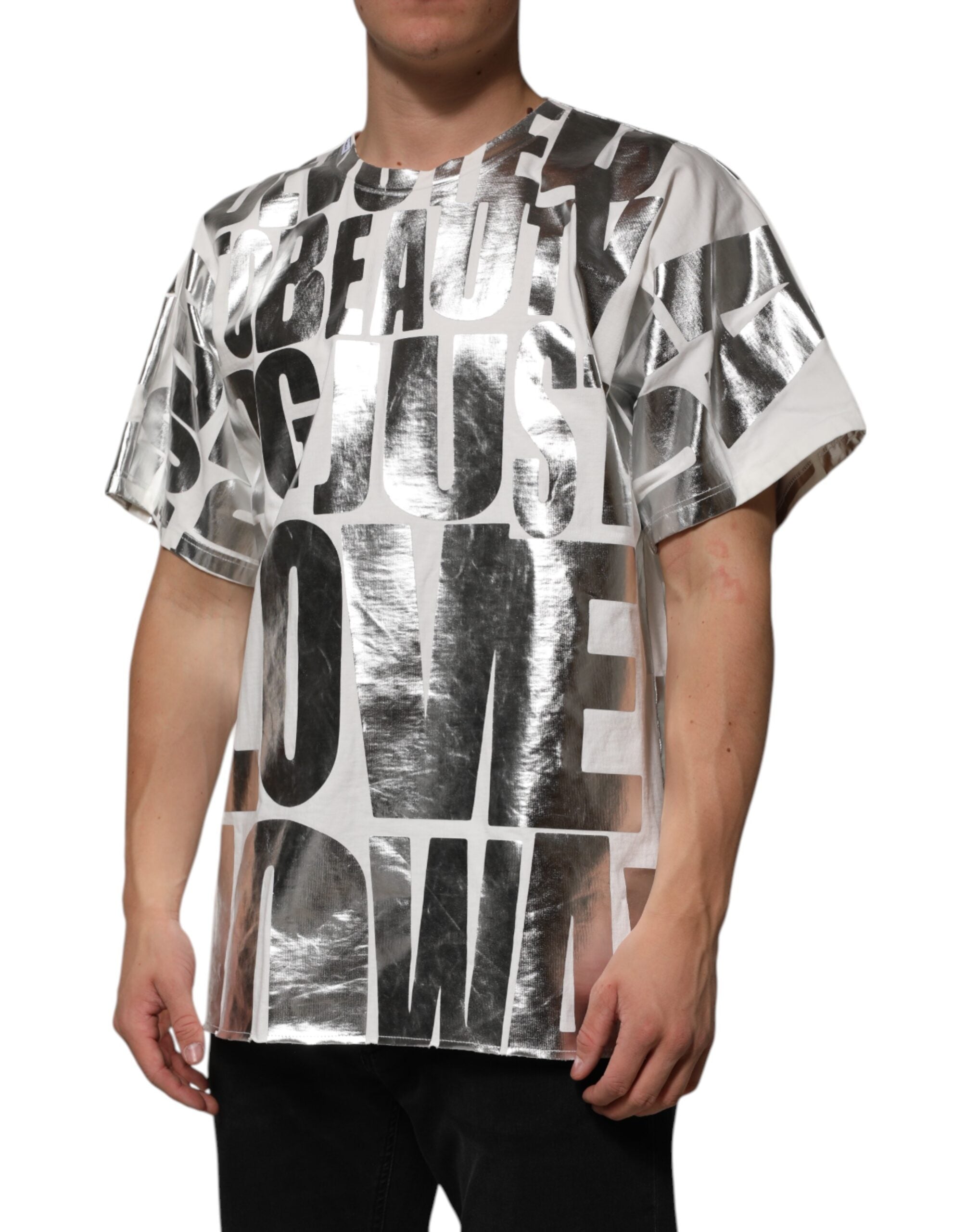 Dolce & Gabbana White Cotton Silver Metallic Slogan Print Men's T-shirt