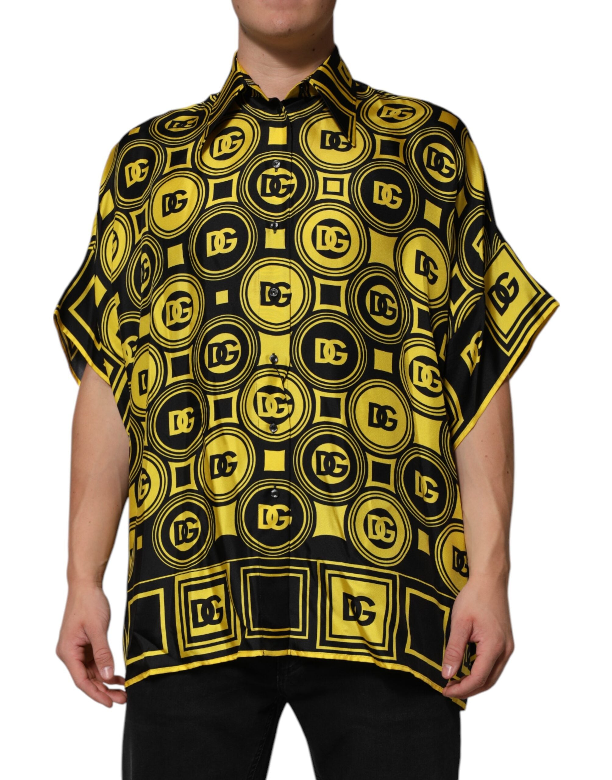 Dolce & Gabbana Yellow Silk Silver DG Logo Geometric Men's T-shirt (Pre-Owned)