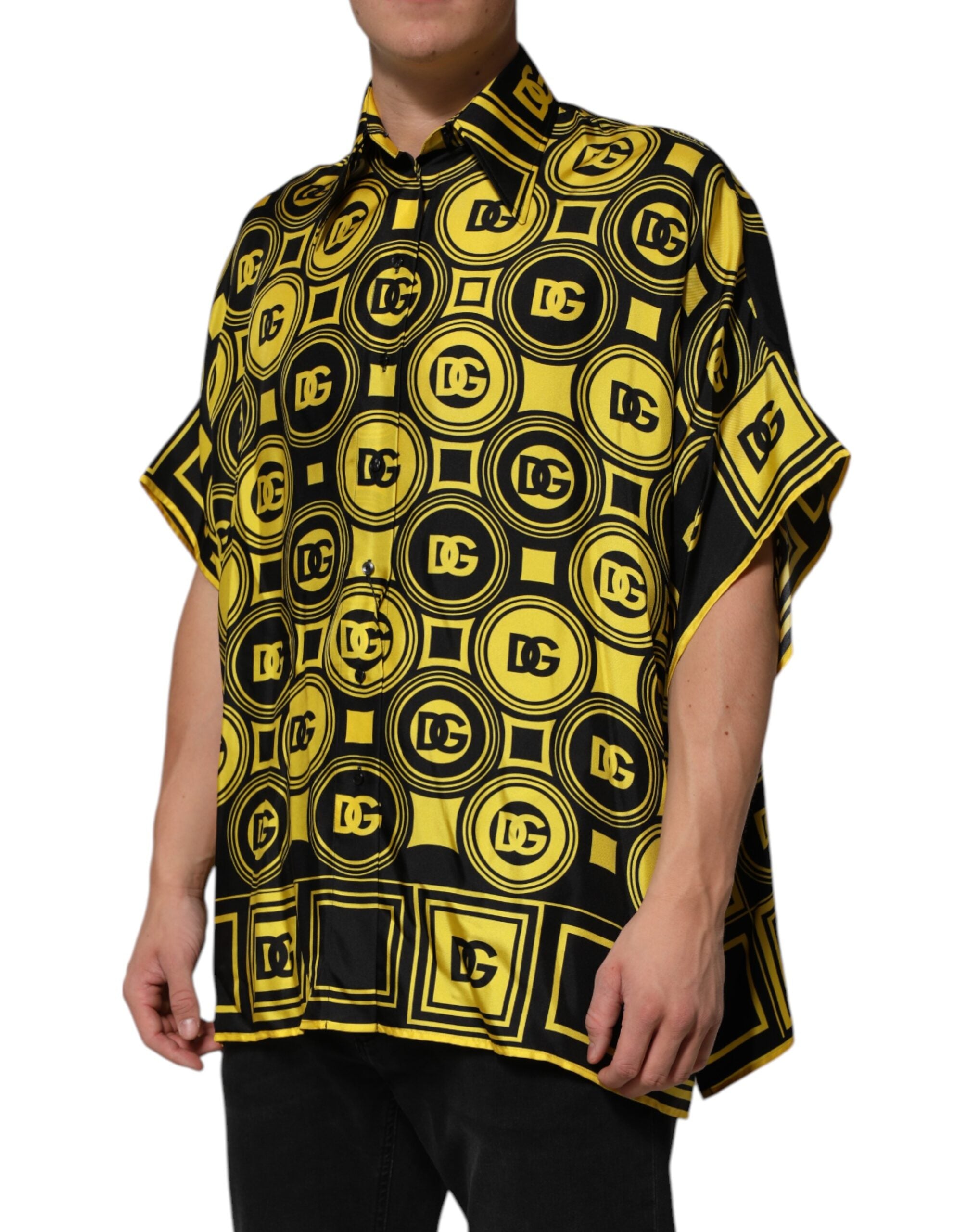 Dolce & Gabbana Yellow Silk Silver DG Logo Geometric Men's T-shirt (Pre-Owned)