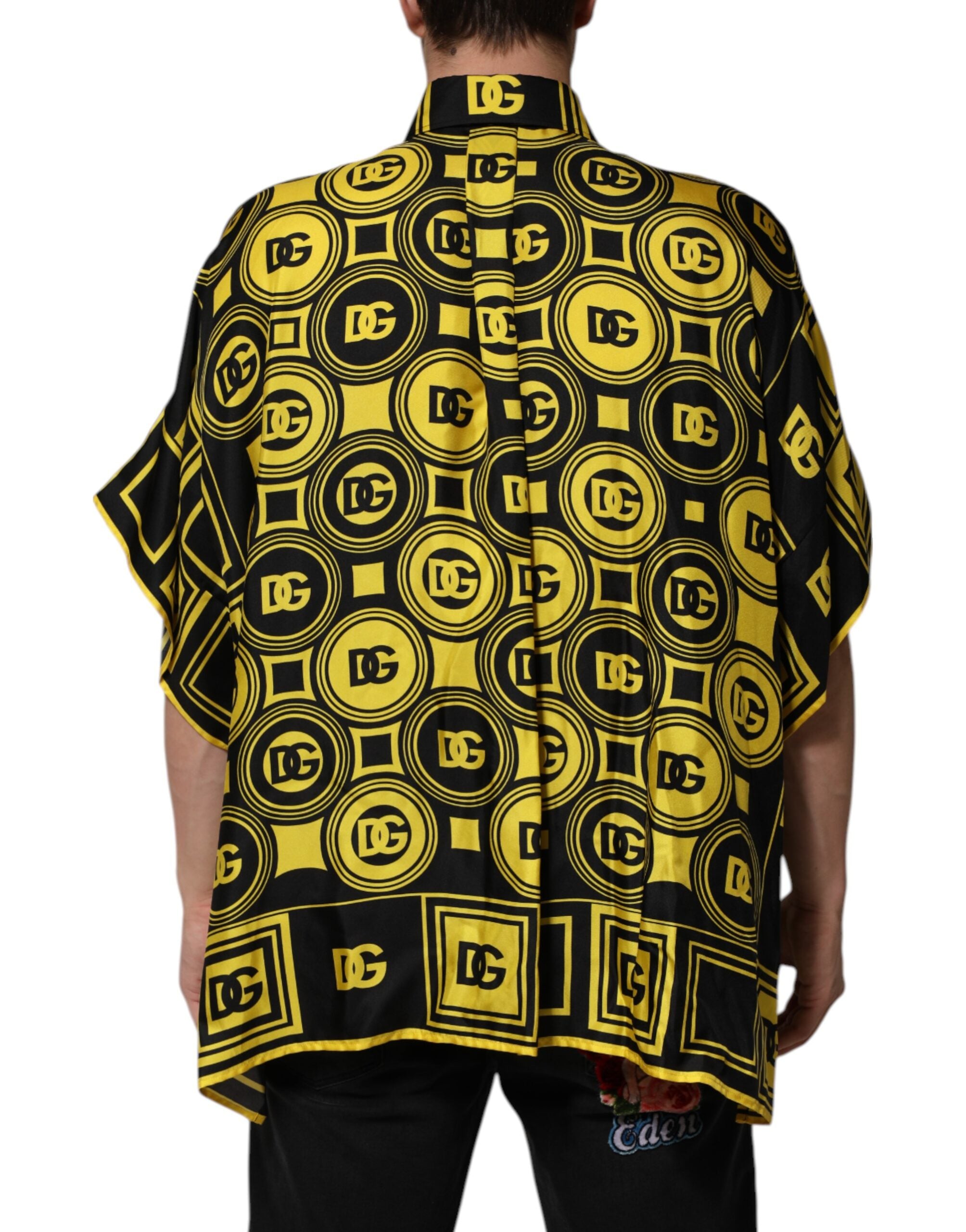 Dolce & Gabbana Yellow Silk Silver DG Logo Geometric Men's T-shirt (Pre-Owned)