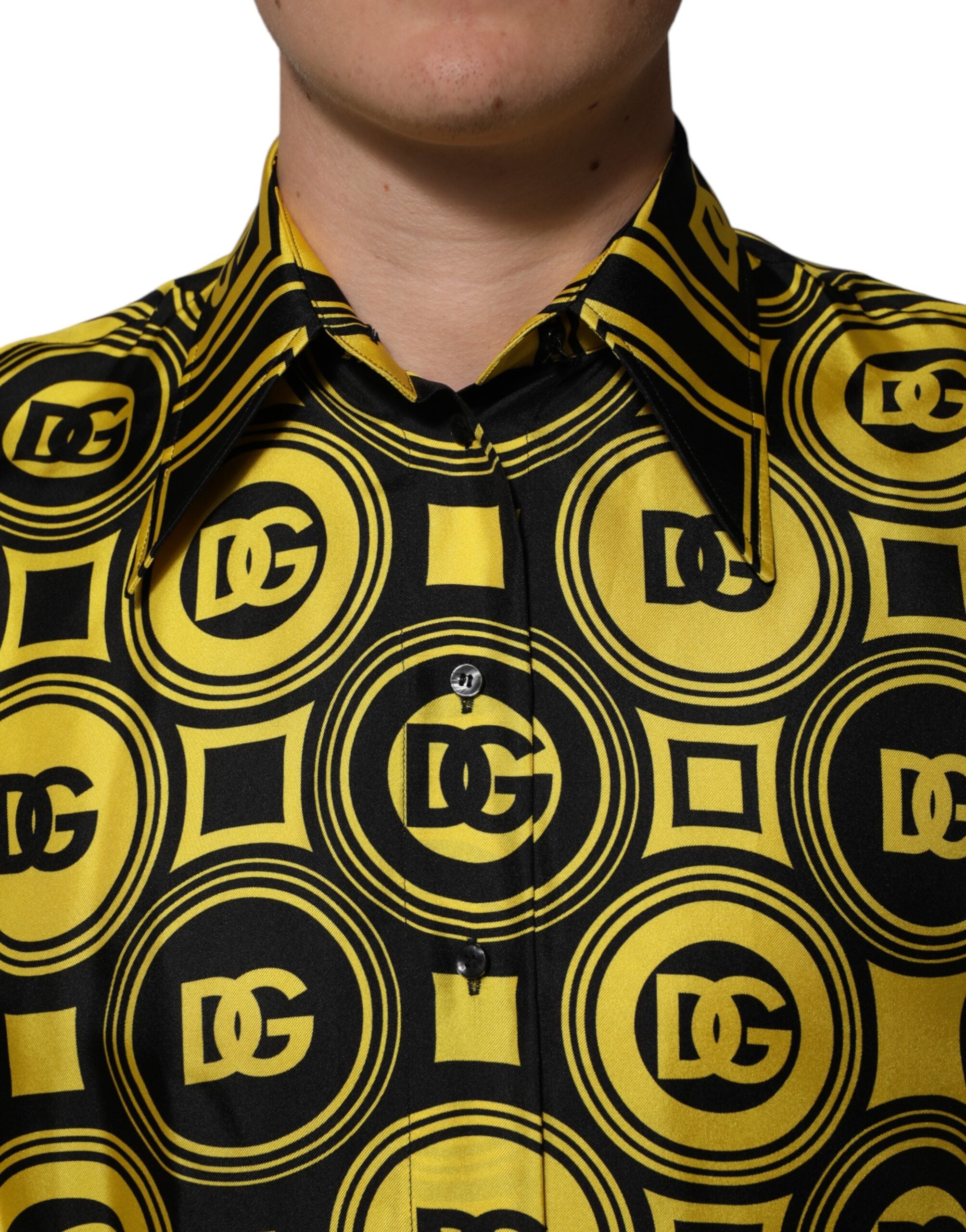 Dolce & Gabbana Yellow Silk Silver DG Logo Geometric Men's T-shirt (Pre-Owned)