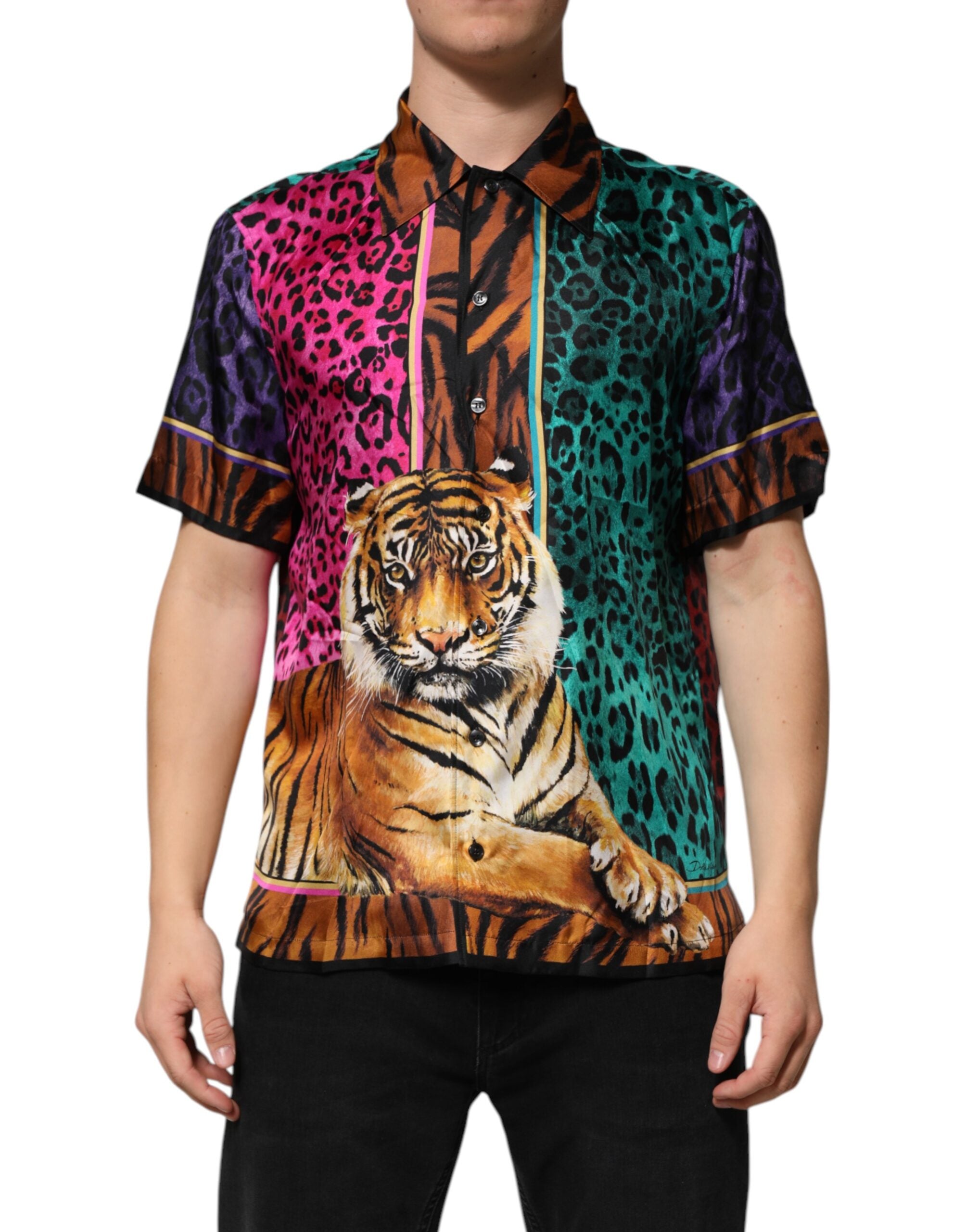 Dolce & Gabbana Multicolor Silk Tiger Print Hawaiian Men's T-shirt
