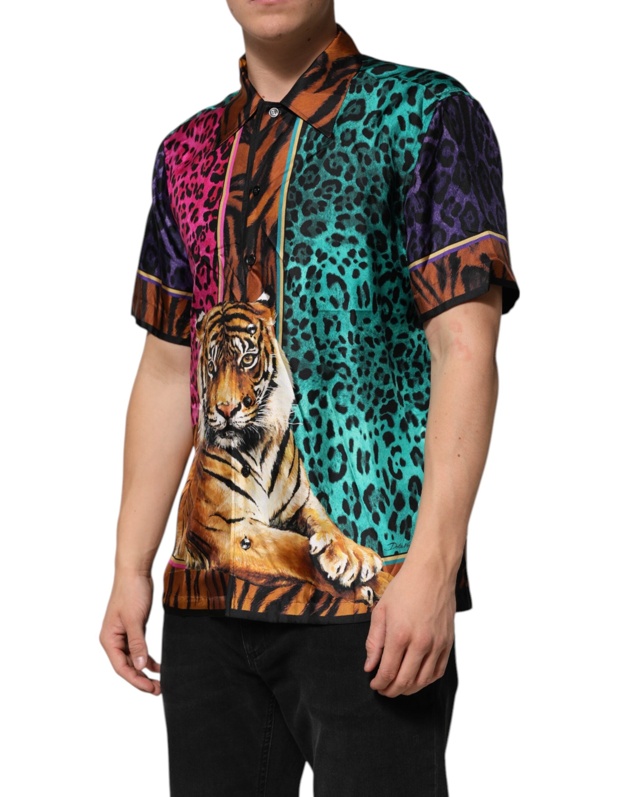 Dolce & Gabbana Multicolor Silk Tiger Print Hawaiian Men's T-shirt