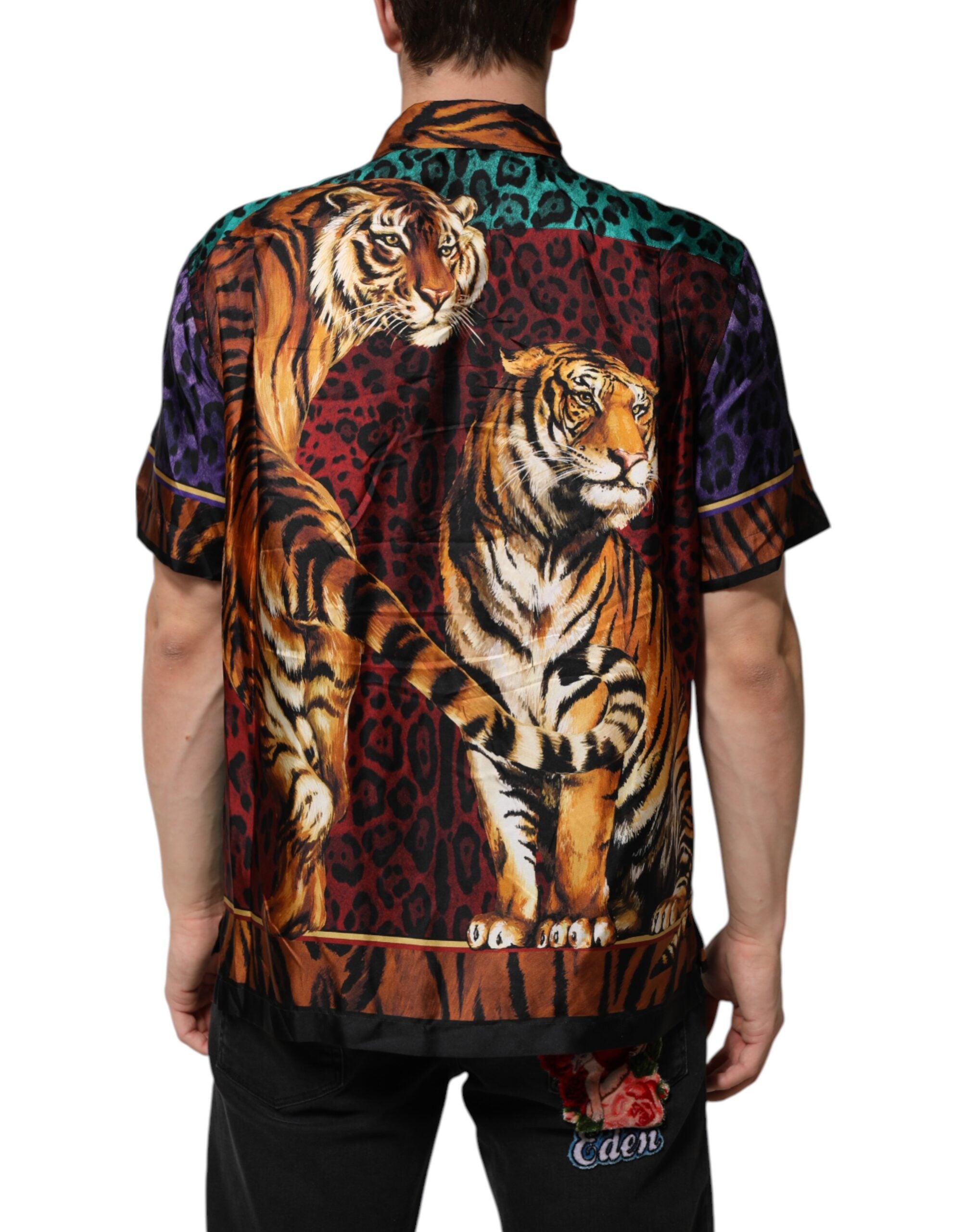 Dolce & Gabbana Multicolor Silk Tiger Print Hawaiian Men's T-shirt