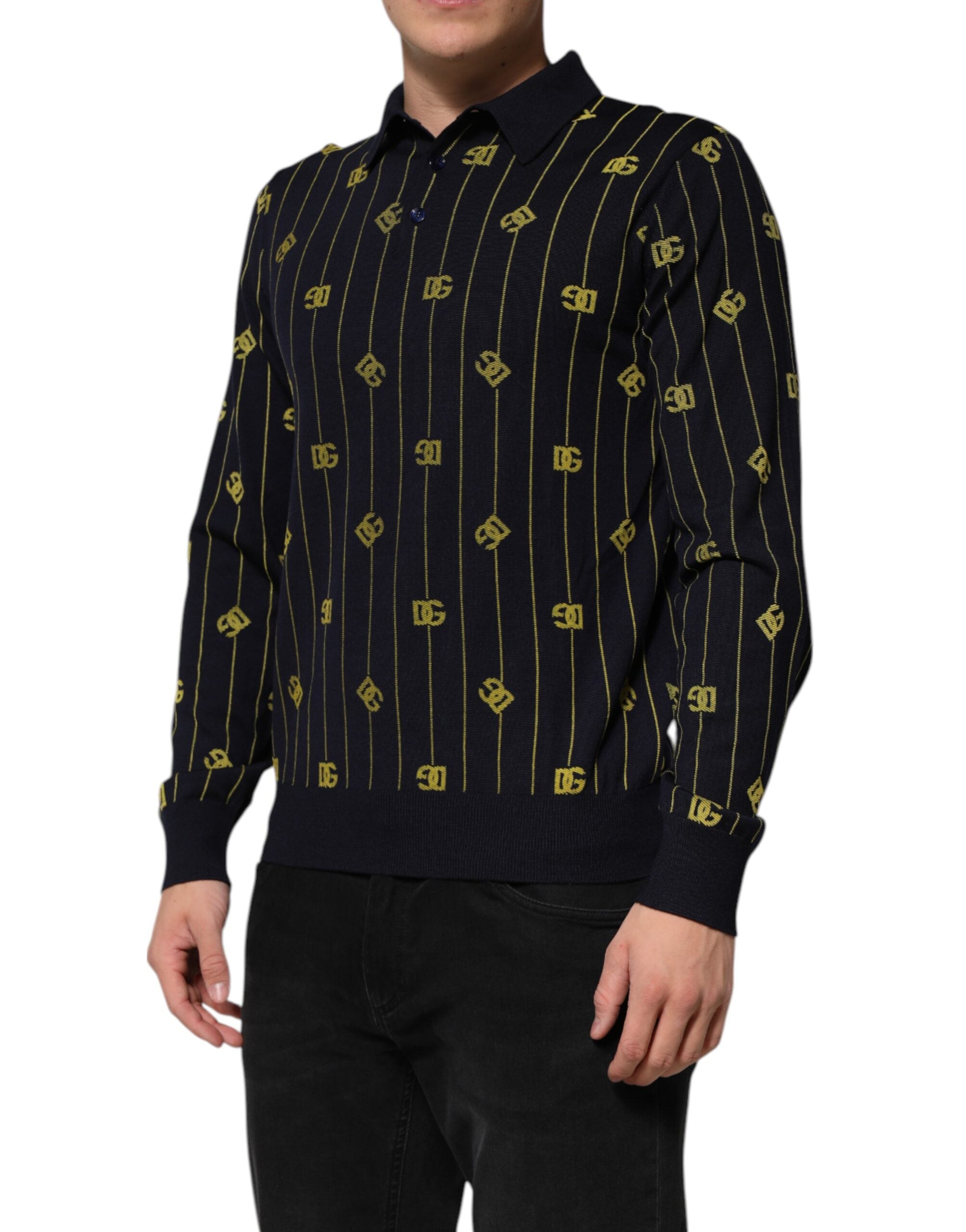 Dolce & Gabbana Black Logo Jacquard Knitted Polo Shirt Men's T-shirt