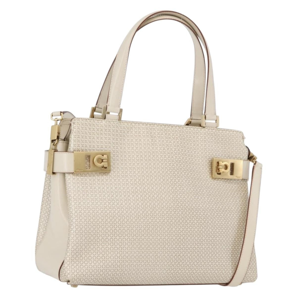 Salvatore Ferragamo Double Gancini Side Buckle Tote Leather Beige Leather Handbag (Pre-Owned)