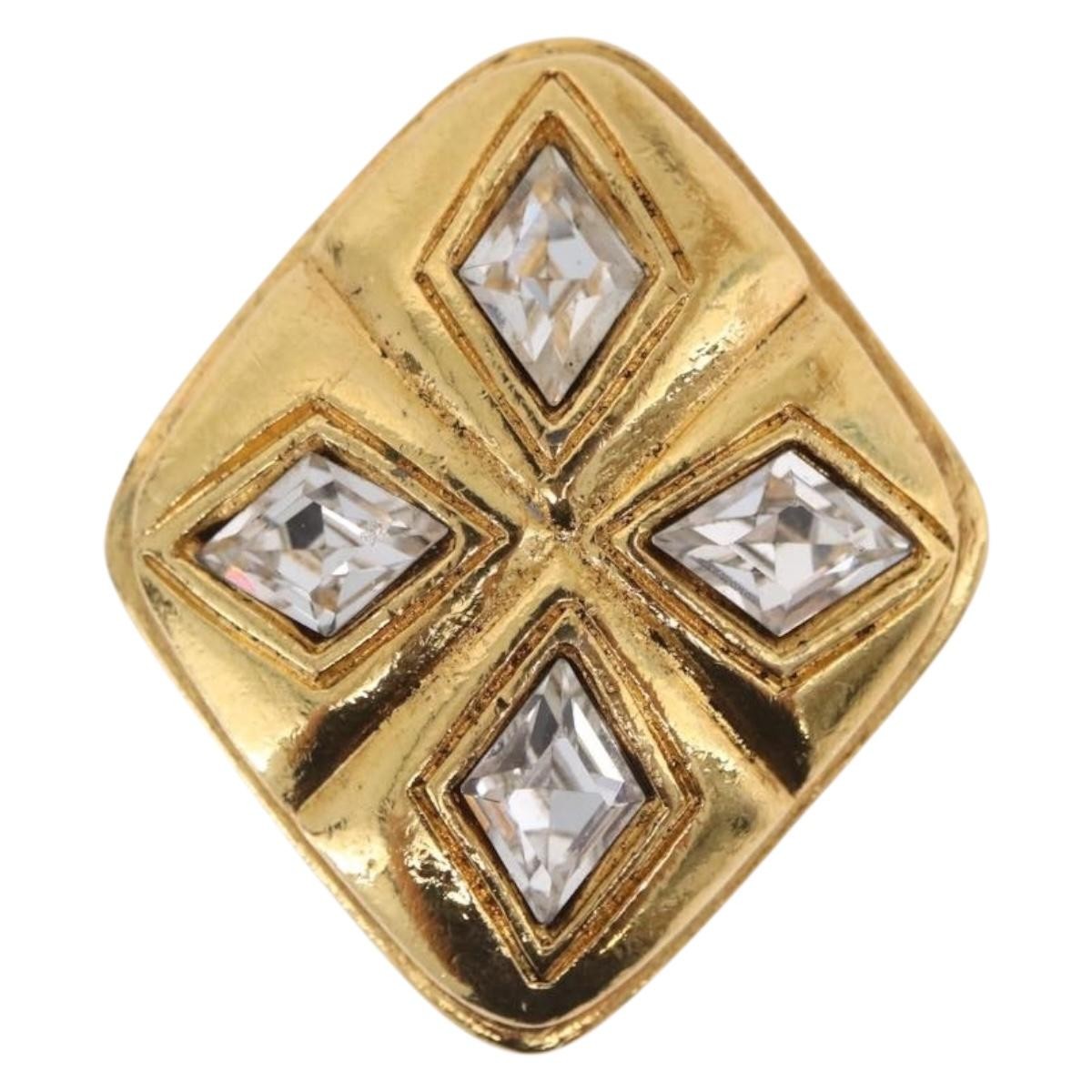 Chanel Vintage Diamond Clip-On Metal With Crystals Gold Metal Earrings Jewelry (Pre-Owned)