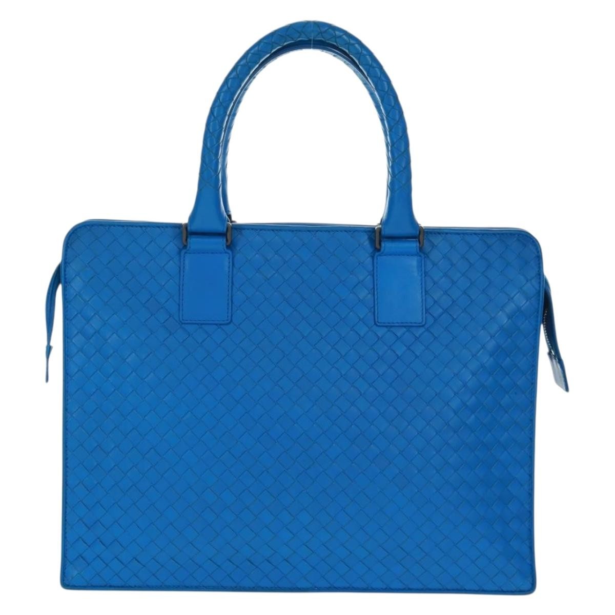 Bottega Veneta Top Zip Intrecciato Nappa Blue Leather Briefcase Bag (Pre-Owned)