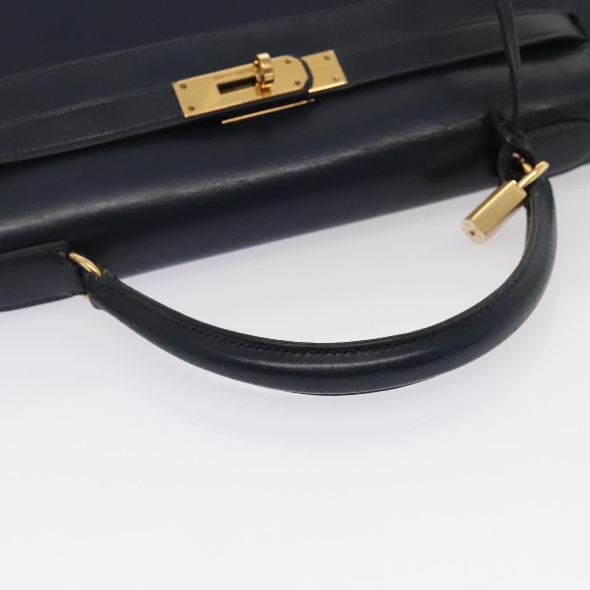 Hermes Kelly Black Box Calf With Gold Hardware Navy Leather Handbag (Pre-Owned)