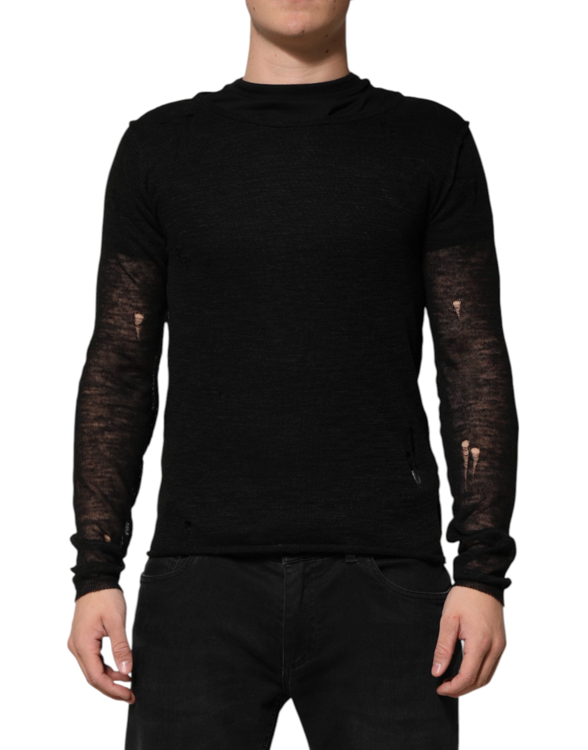 Dolce & Gabbana Black Linen Mesh Tattered Longsleeves Men's T-shirt